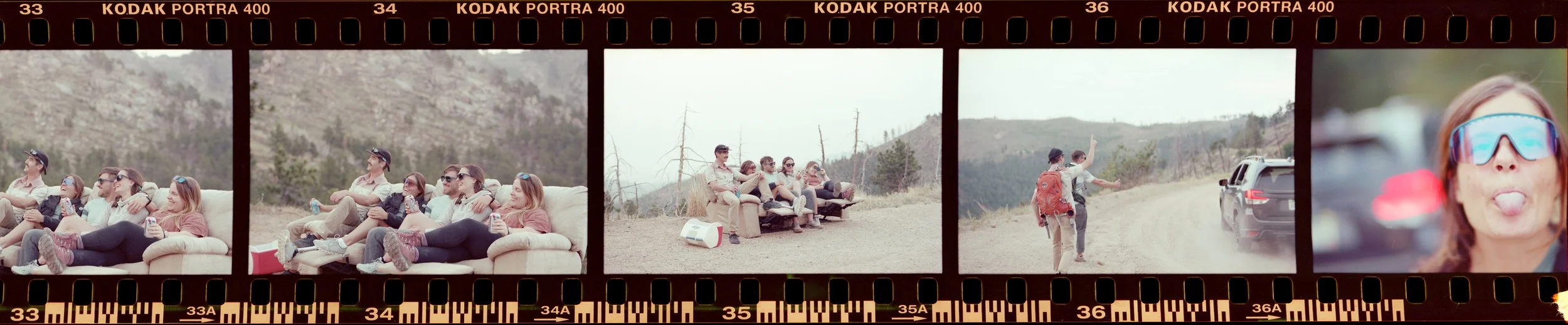 Kodak Portra film strip of friends in Glade Optics sunglasses on a mountain road, film lifestyle photography for Glade Optics