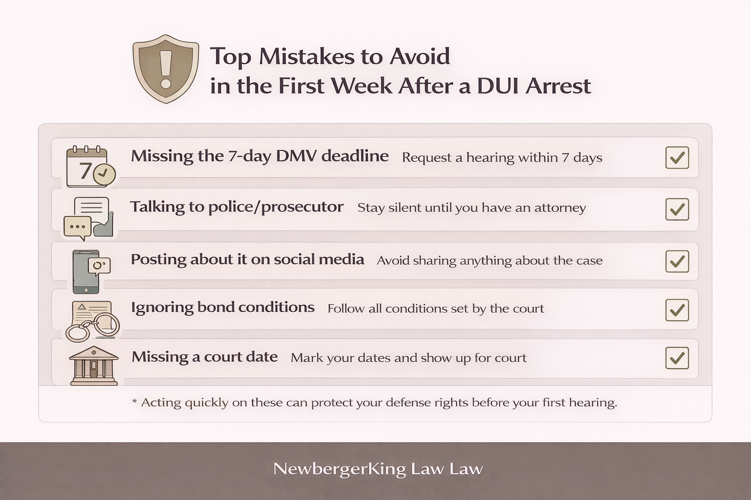 Horizontal infographic explaining common DUI mistakes in Colorado that can impact DMV deadlines, court proceedings, and driving privileges.