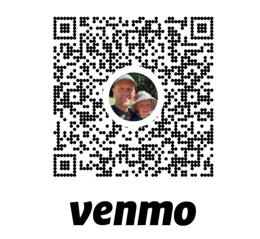QR code with a circular profile picture of a man and a young girl inside it. The man is wearing a baseball cap, and both are smiling outdoors. The word 'venmo' is written in lowercase bold letters below the QR code.