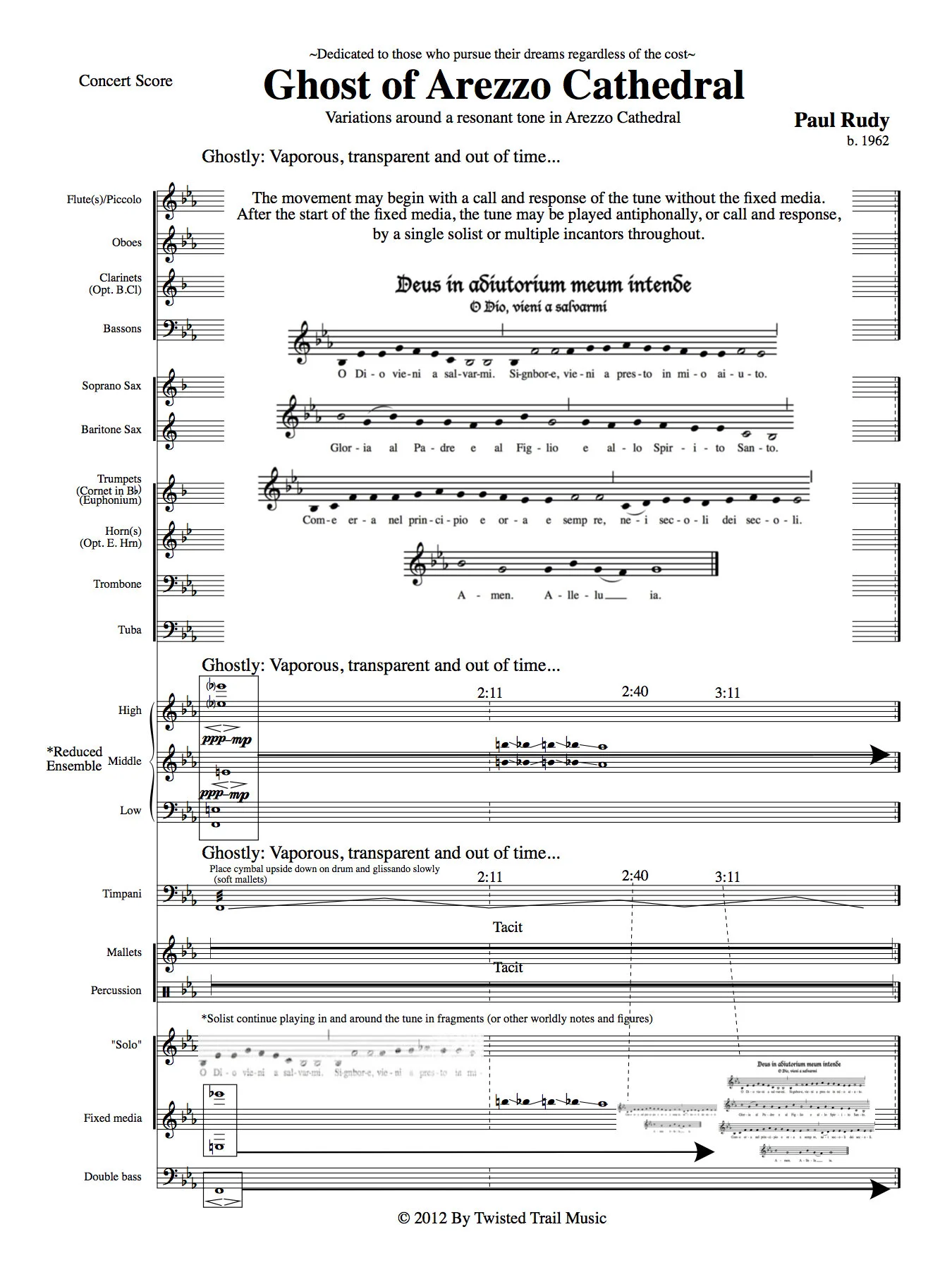Image of the first page of Paul Rudy musical score Ghost of Arezzo Cathedral, for wind ensemble and guided improvisation.