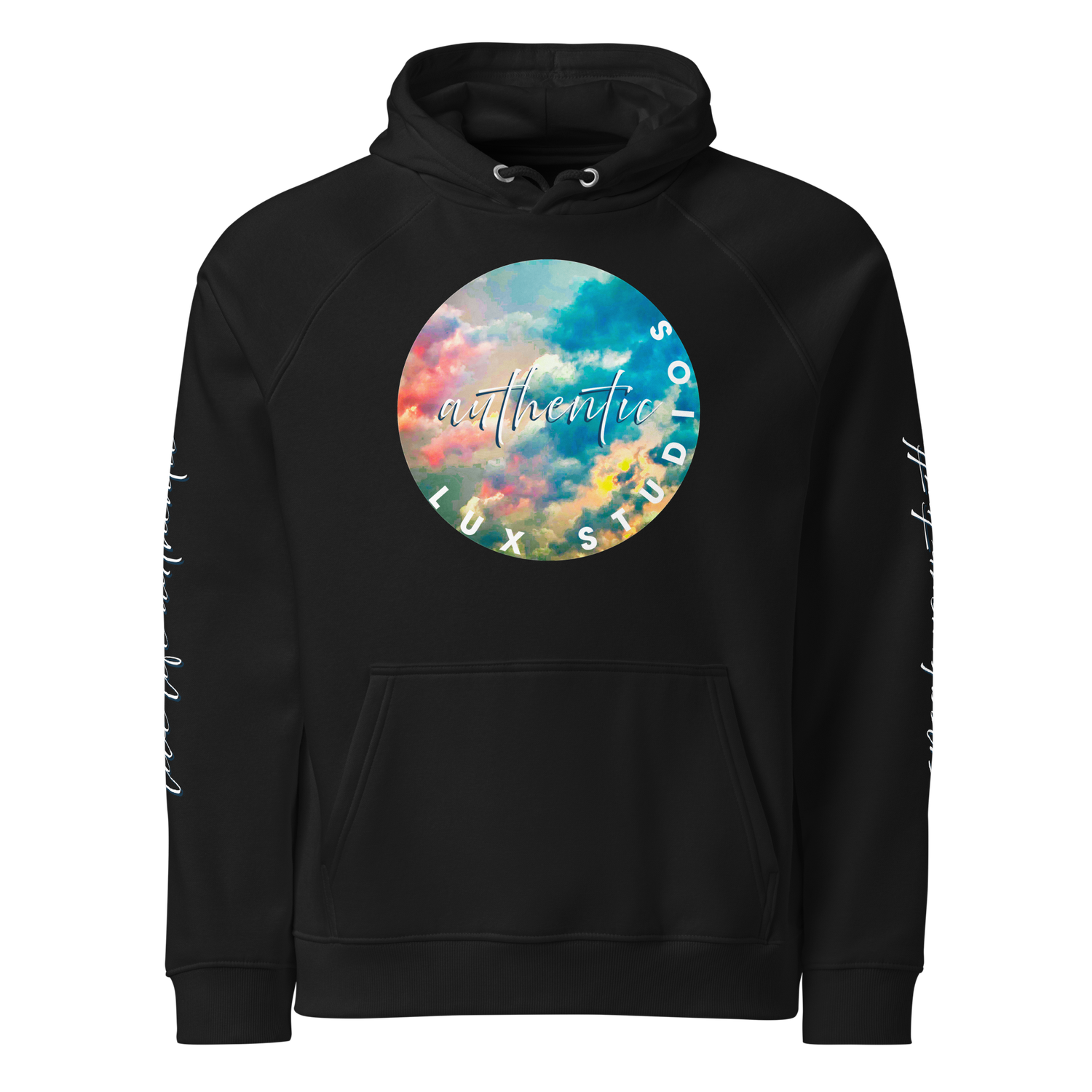 Black hoodie with a circular graphic of colorful clouds, the word 'authentic' in cursive, and the phrase 'LUX STUDIOS' around the circle. White script writing on sleeves.