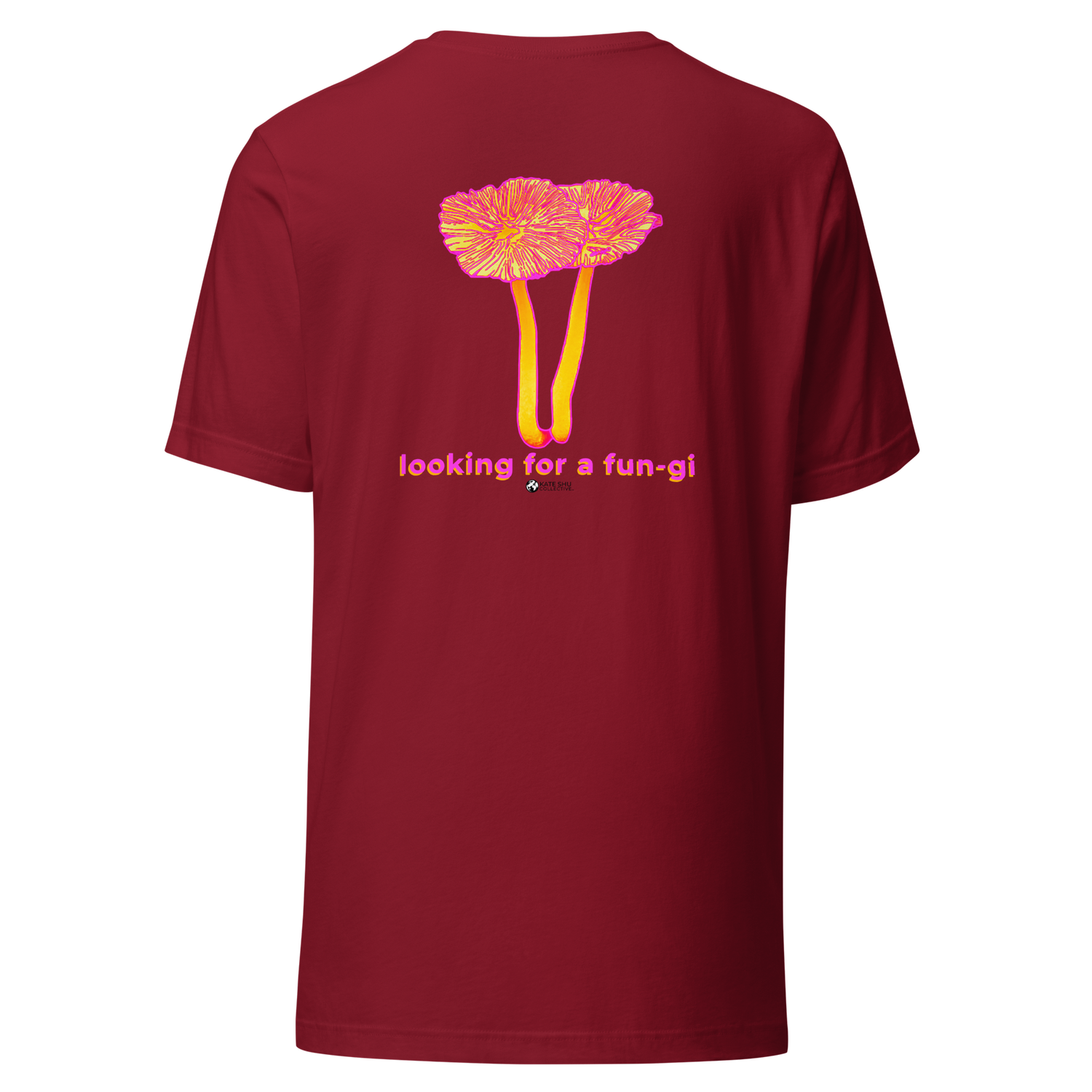 Red T-shirt featuring a graphic of a mushroom with bright yellow stems and a pink top, and the text 'looking for a fun-gi' below.