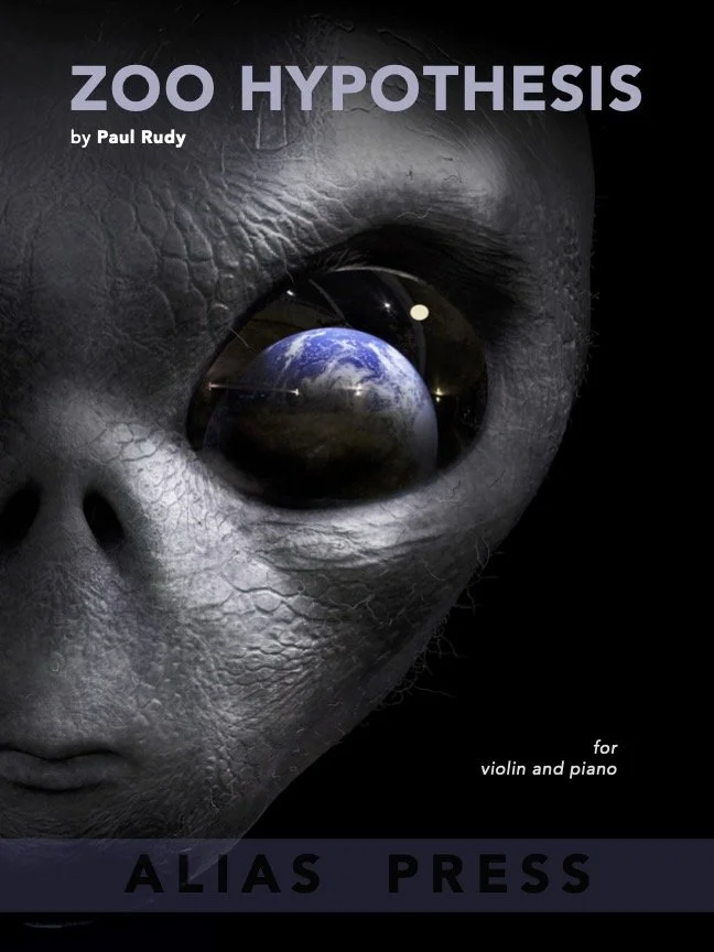 Book cover titled 'Zoo Hypothesis' by Paul Rudy for violin and piano. Features a close-up of a gray alien's face with a large eye reflecting Earth.