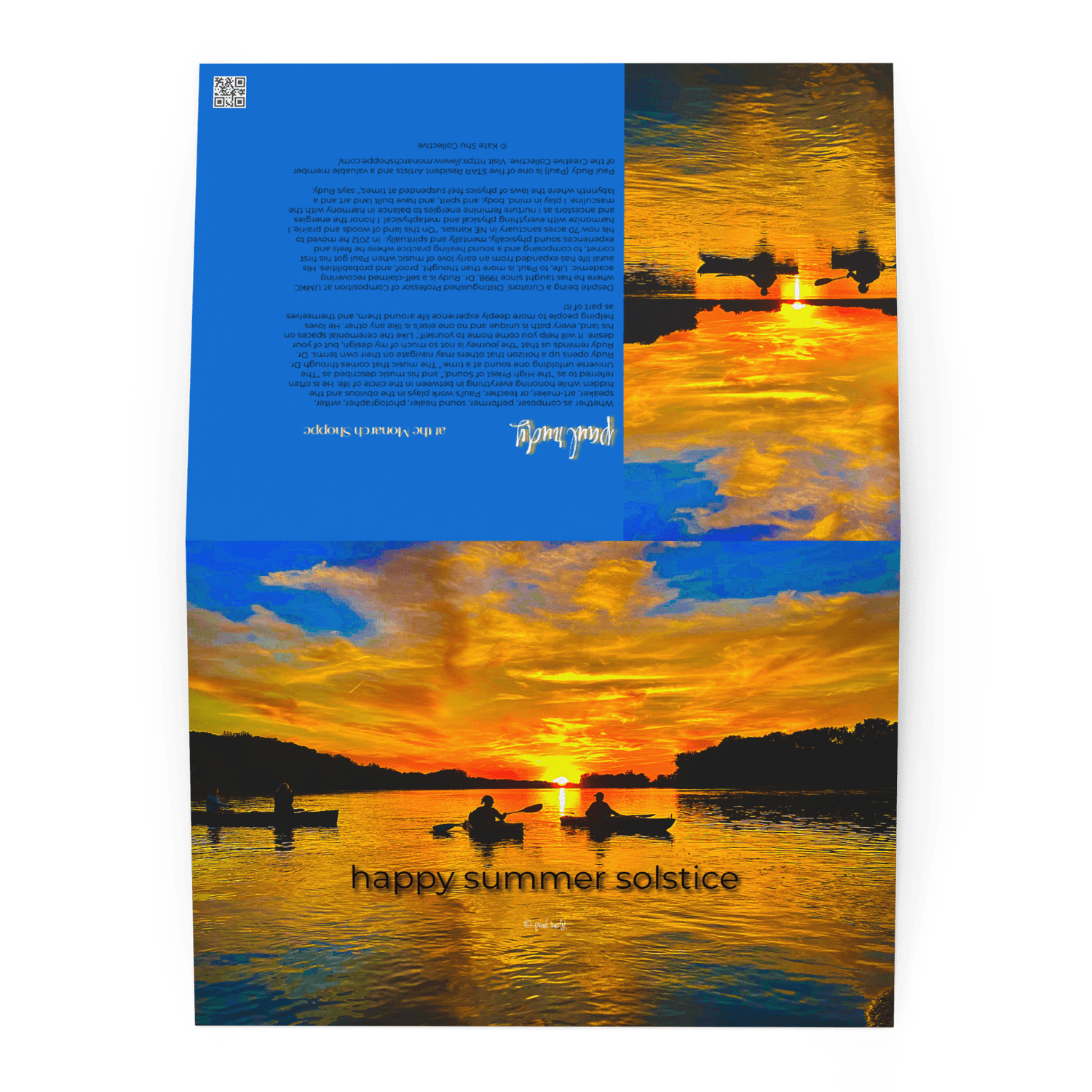 A colorful sunset over a river with three people kayaking and the text 'happy summer solstice' at the bottom.