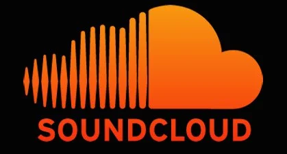 SoundCloud logo with a black background, orange cloud, and orange sound wave pattern.