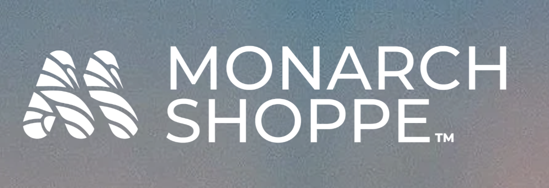 Logo for Monarch Shoppe featuring a stylized monarch butterfly design and the text 'Monarch Shoppe' on a textured background.