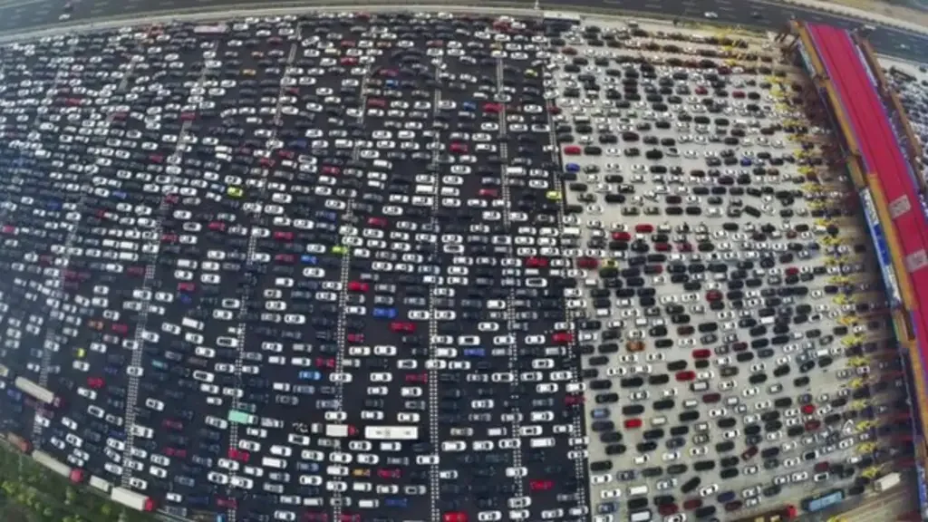 A massive traffic jam on a 35-lane highway in Beijing