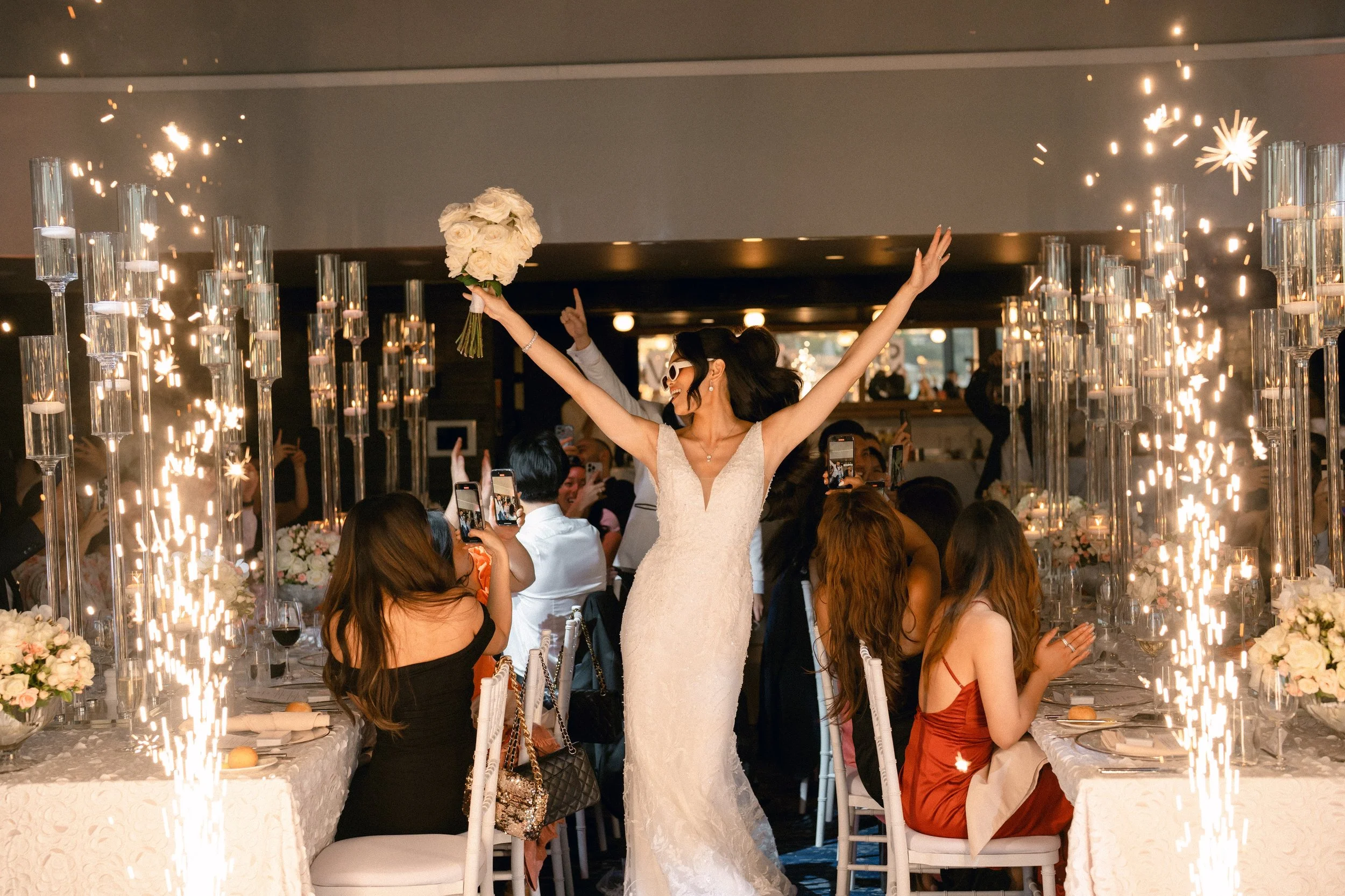 Fun bridal entrance into sydney reception with grand fireworks.