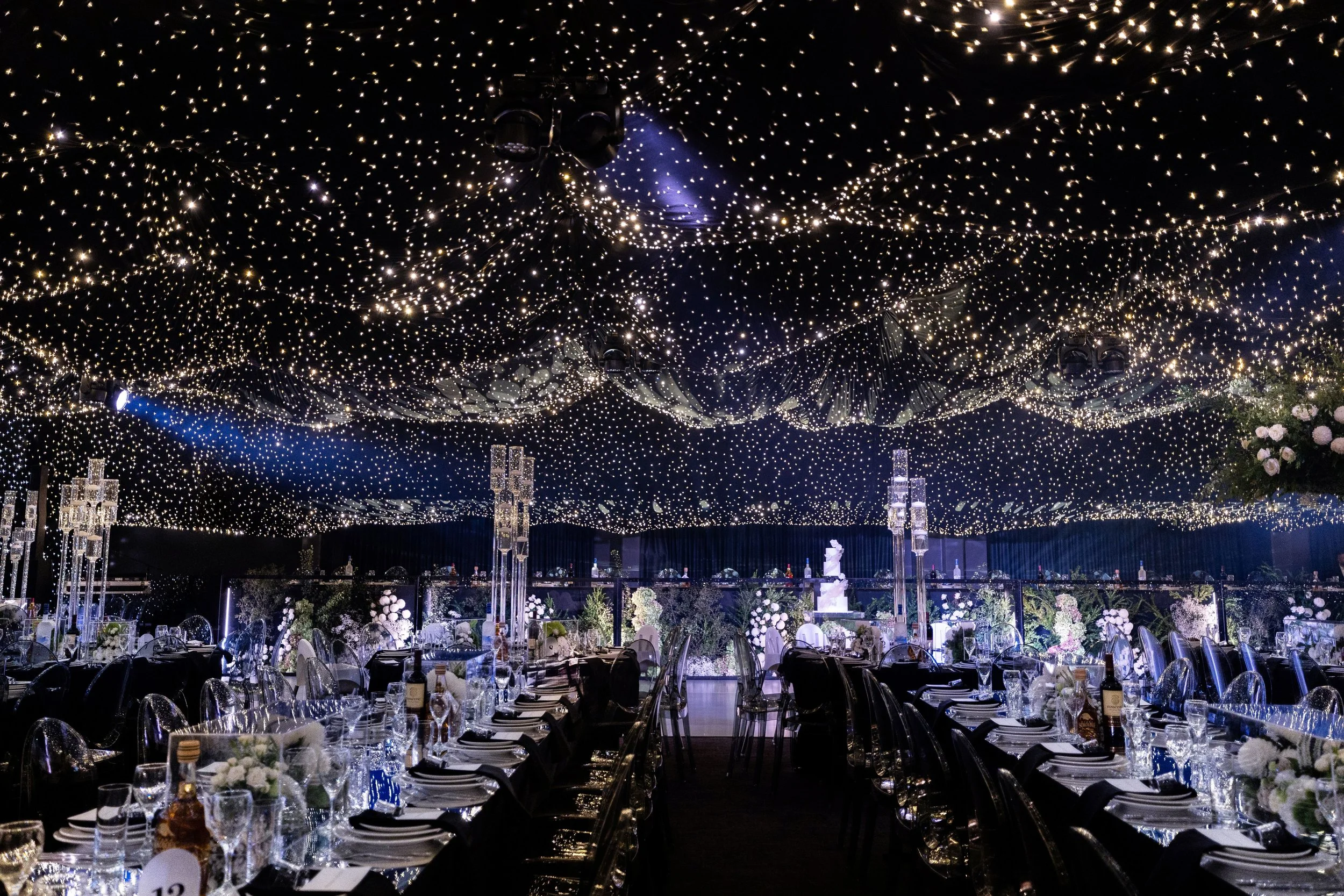 Luxury Sydney wedding with immersive ceiling installation of sparkling lights.