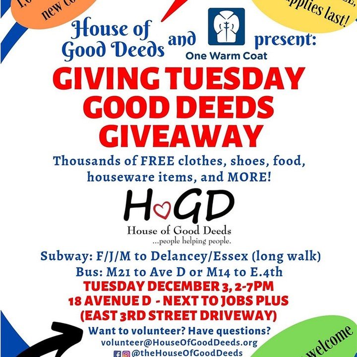 Winter is coming, it's starting to get cold. If you know people in need, there's a big clothing give-away on Avenue D &amp; 3rd Street, December 3rd. House of Good Deeds is a good org.
