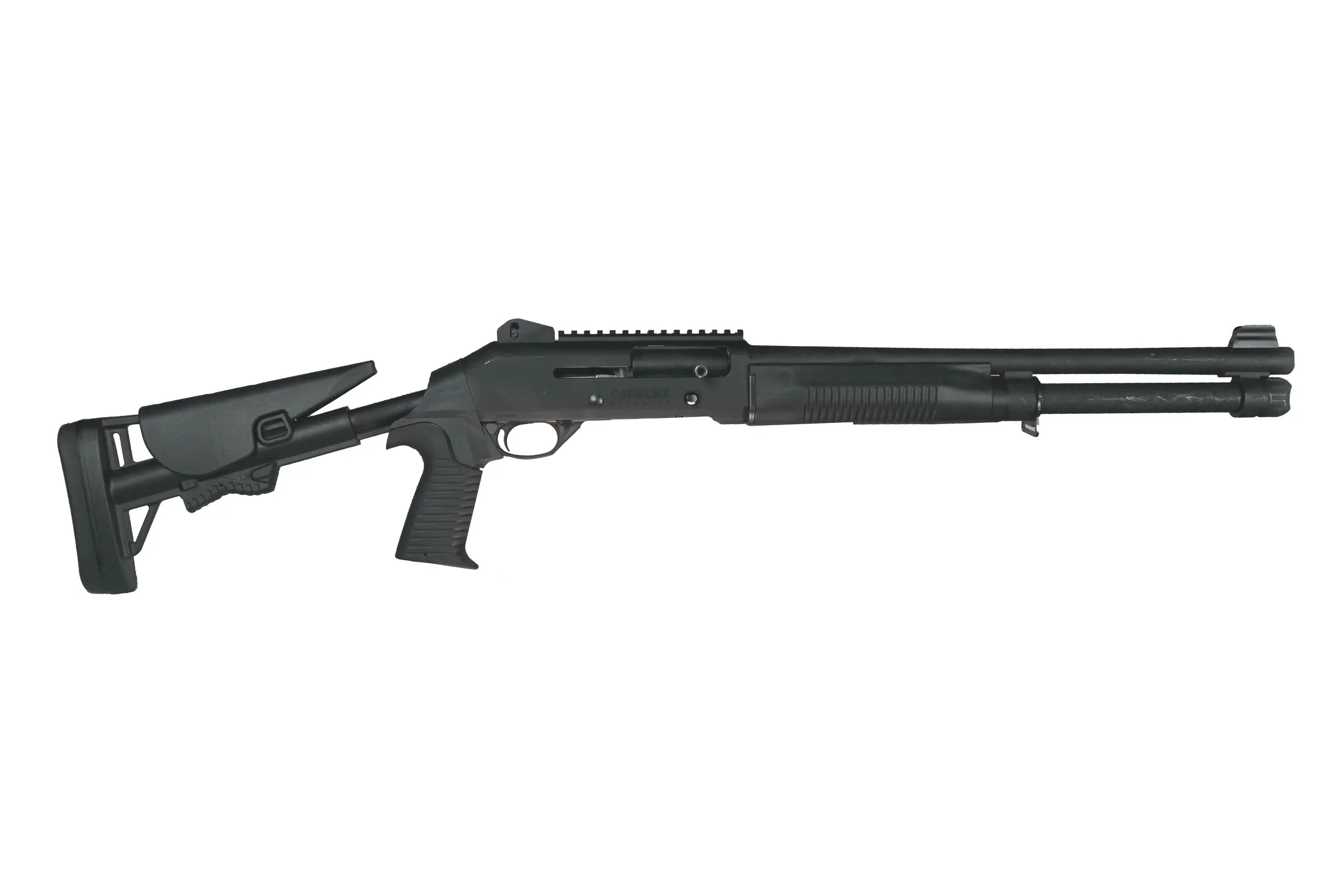 Black tactical shotgun with adjustable stock and long barrel.
