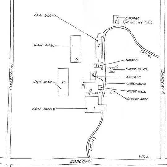 Sketched in 1979, this rendering was used in the historic designation of Pitts Dairy Farm of the early 1900's. 
For about 30 years, Tom Pitts owned and operated a popular soda fountain and cigar spot over in Five Points. 
This 16 acre dairy farm, wit