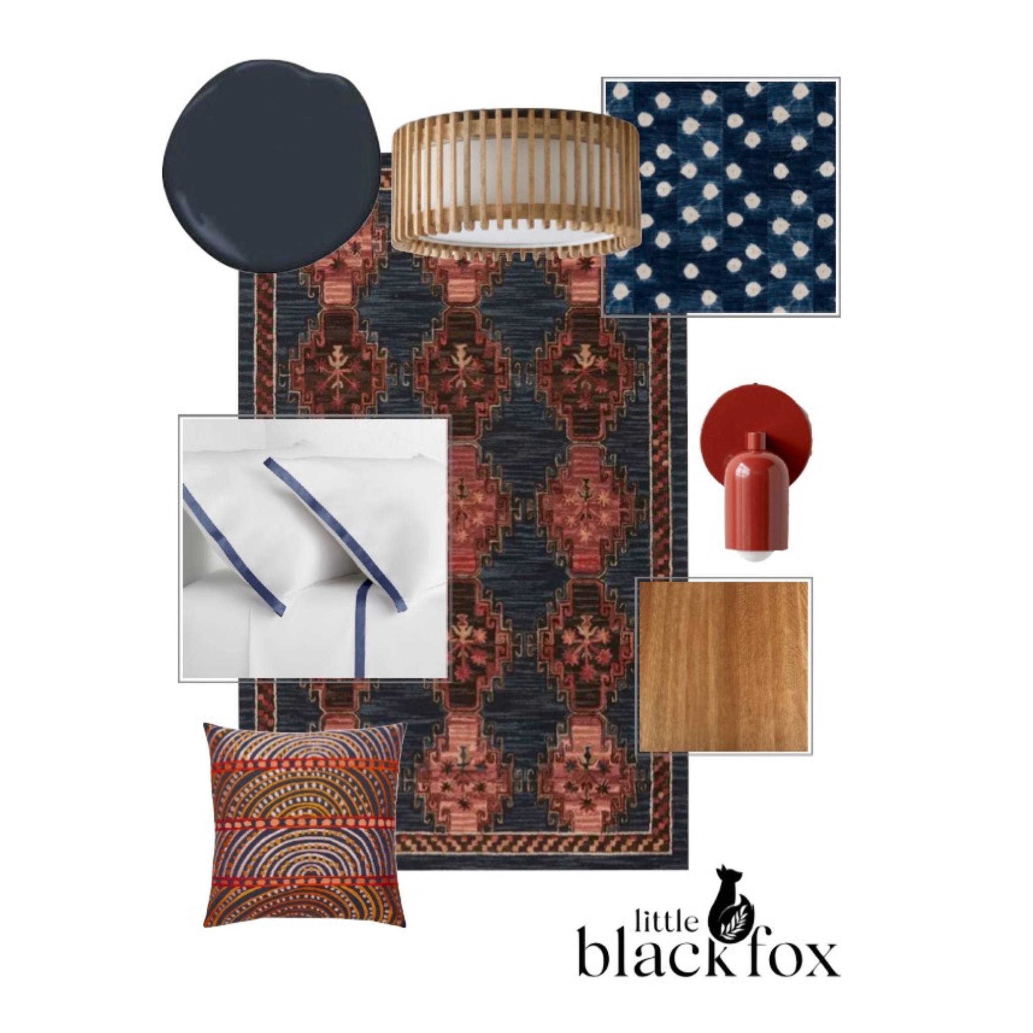 Benjamin Moore paint, rich pops of color, and varietal textures are all the makings of a Little Black Fox Design. I'm loving that pop of red against the Polo Blue. Brilliant patterns characterize the persona of this space. Visually mesmerizing, vibra