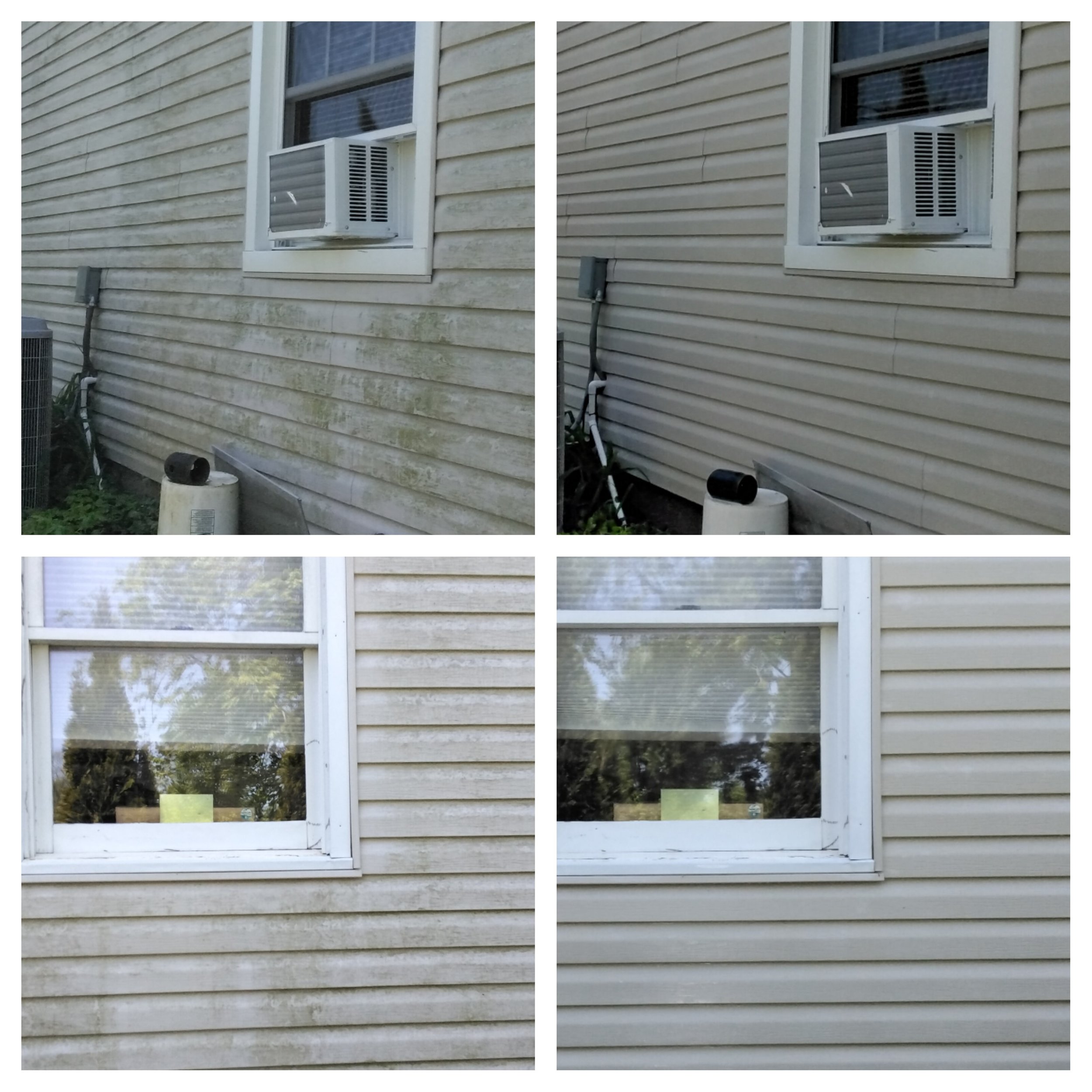 Comparison of the exterior of a house wall and window, showing before and after cleaning. The top left and bottom left images display dirty, mossy siding and a window with grime, while the top right and bottom right images show the same areas after c