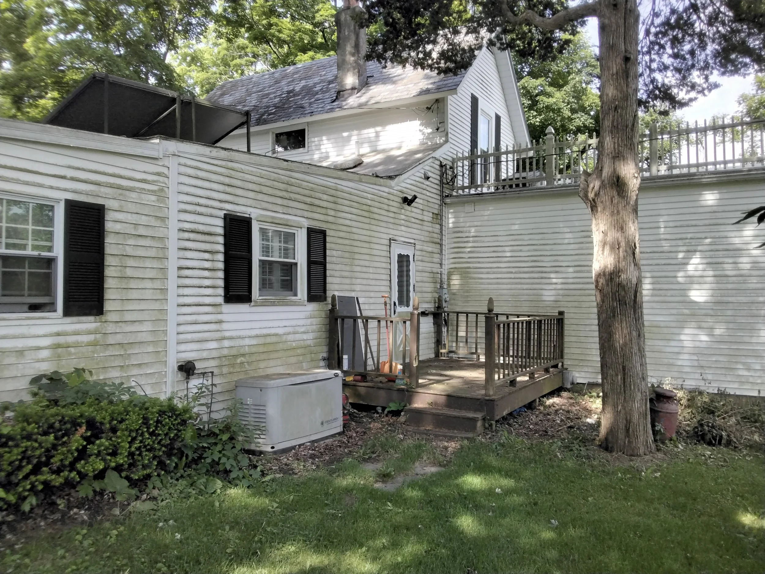 Backyard view showing a wooden deck, a tree, and a white house with black shutters, with shade from the trees and some sunlight.