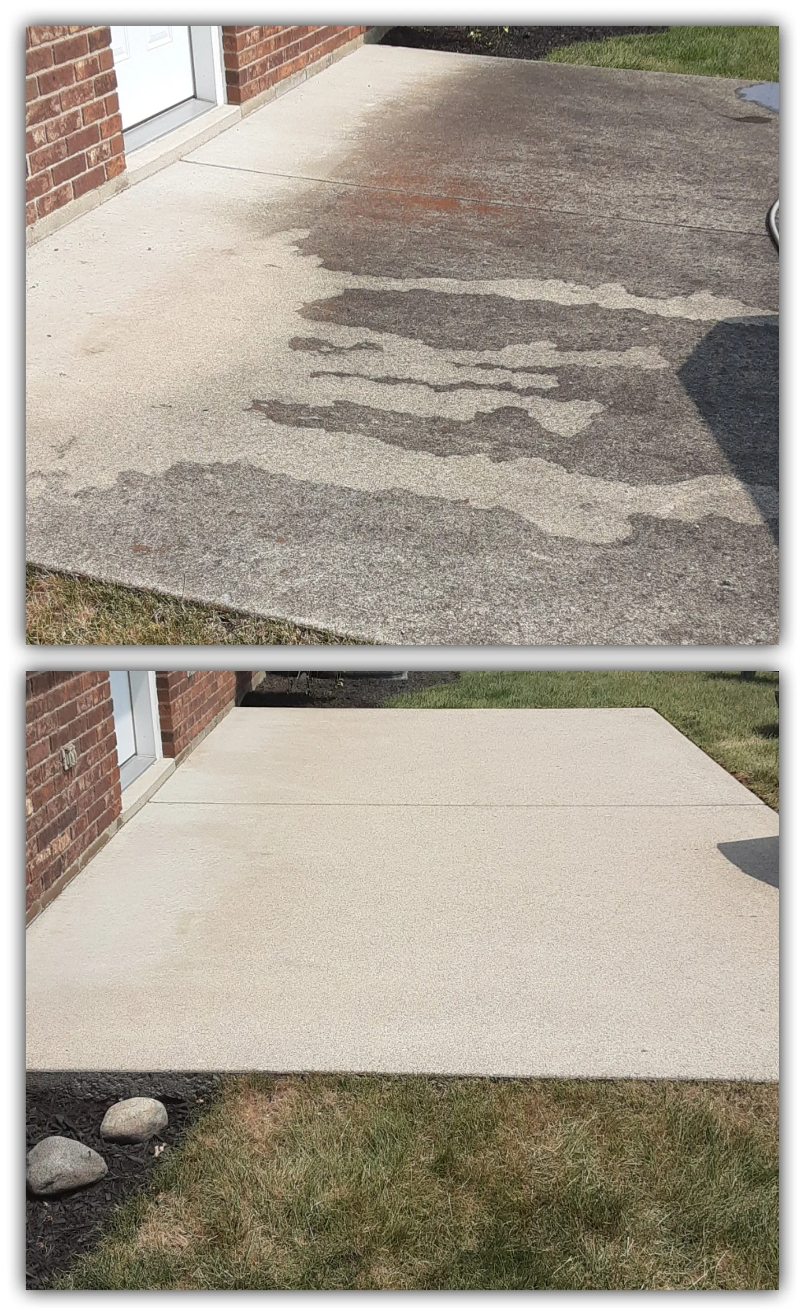 Comparison of a stained and cleaned concrete porch in two images, showing a before-and-after cleaning transformation.