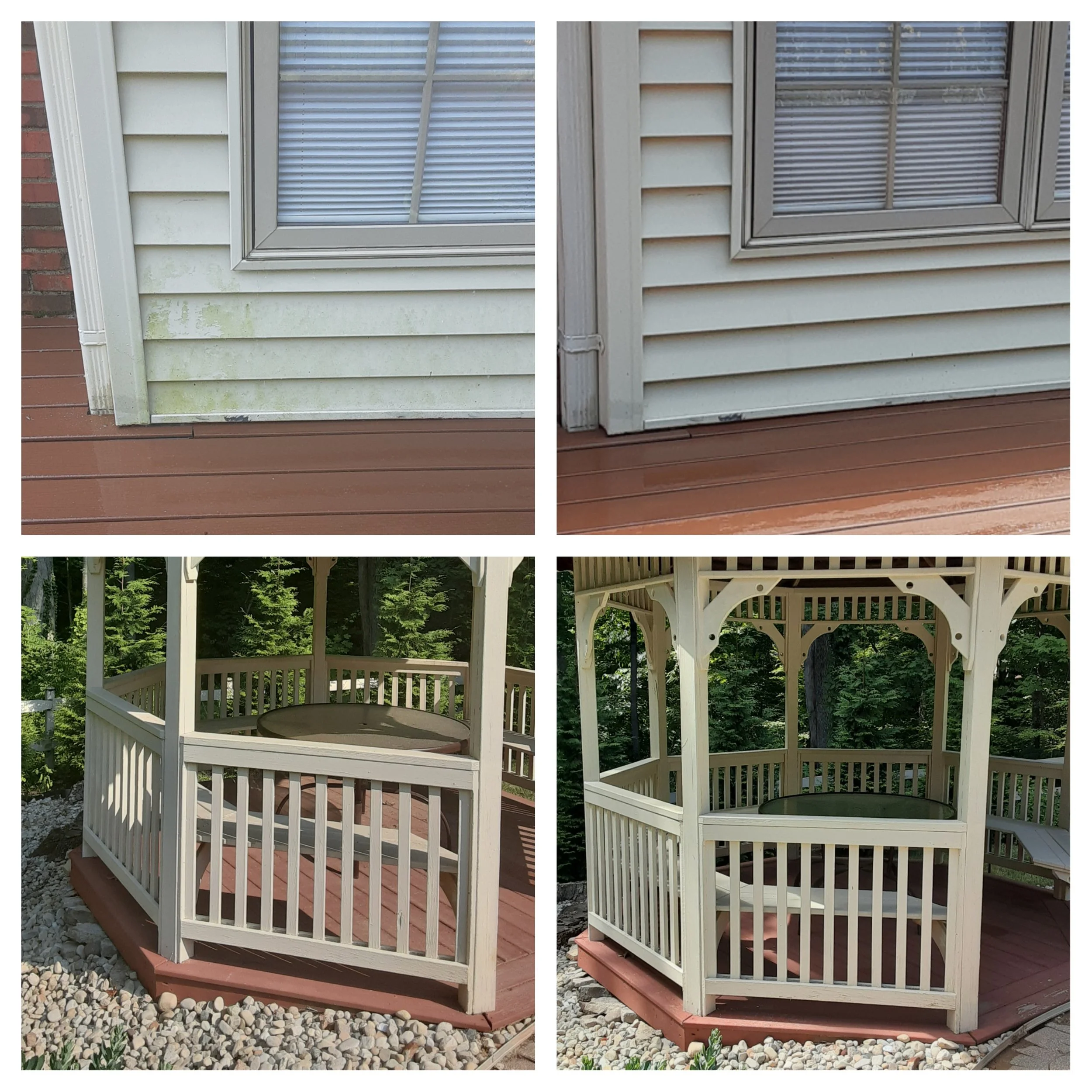 Top left: close-up of a house exterior corner with white siding, showing moss or mold stains near the bottom. Top right: same house corner after cleaning, with cleaner siding. Bottom left: a white wooden gazebo with a round top and railings, surround