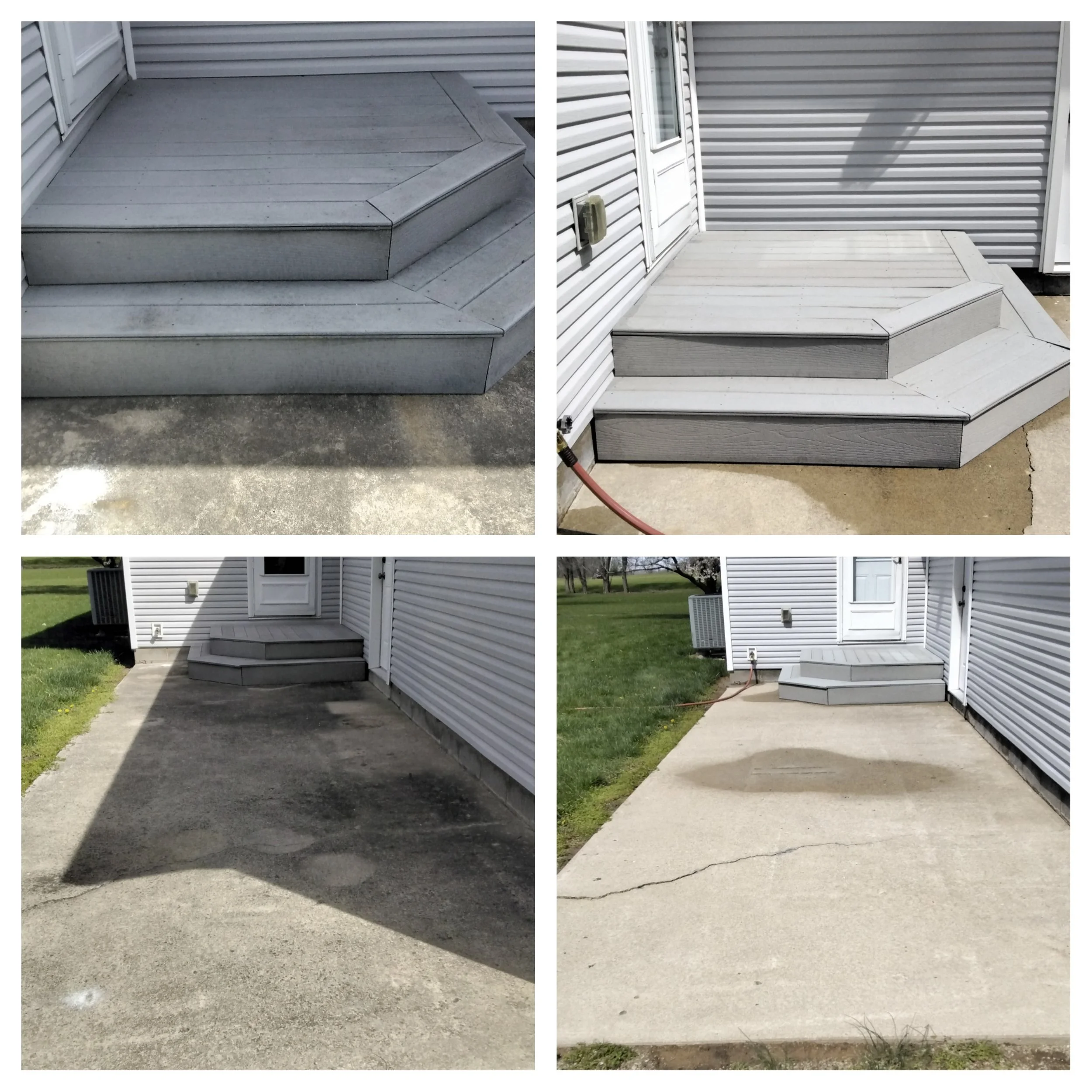 A collage of four images showing a concrete patio and steps before and after repair, including close-up views and wide shots of the replaced patio area.