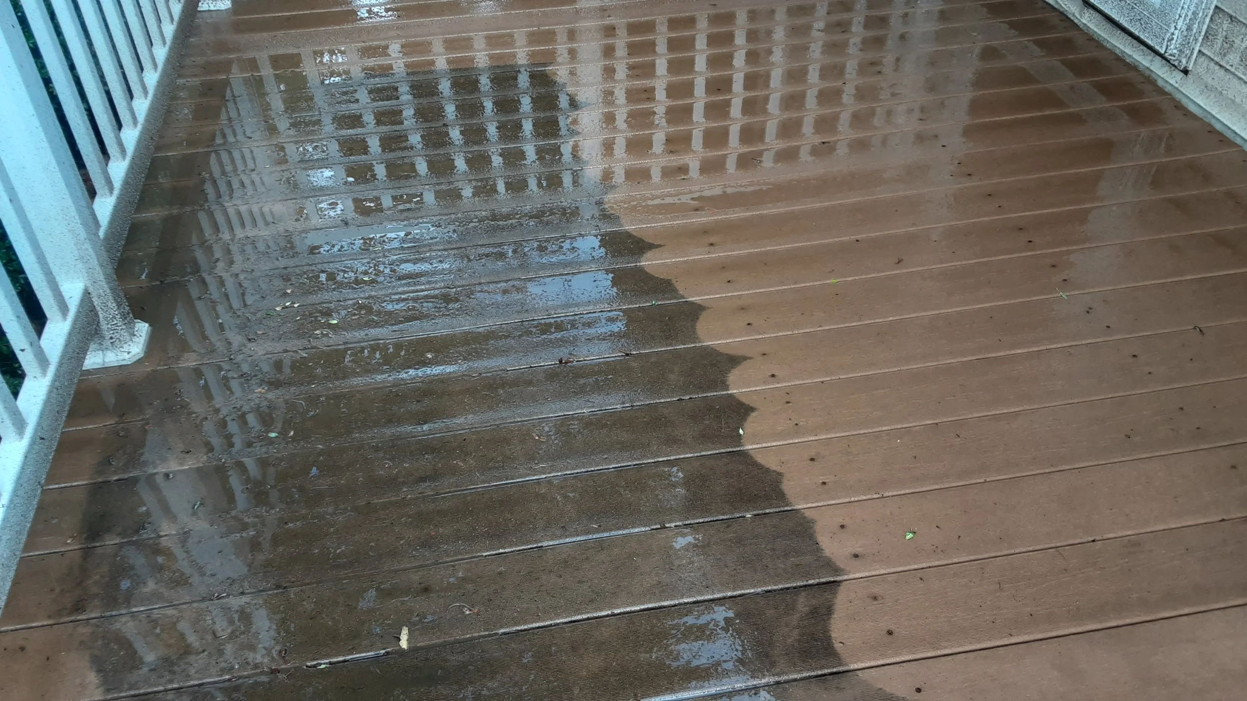 Wet wooden deck with reflections of a white railing and siding.