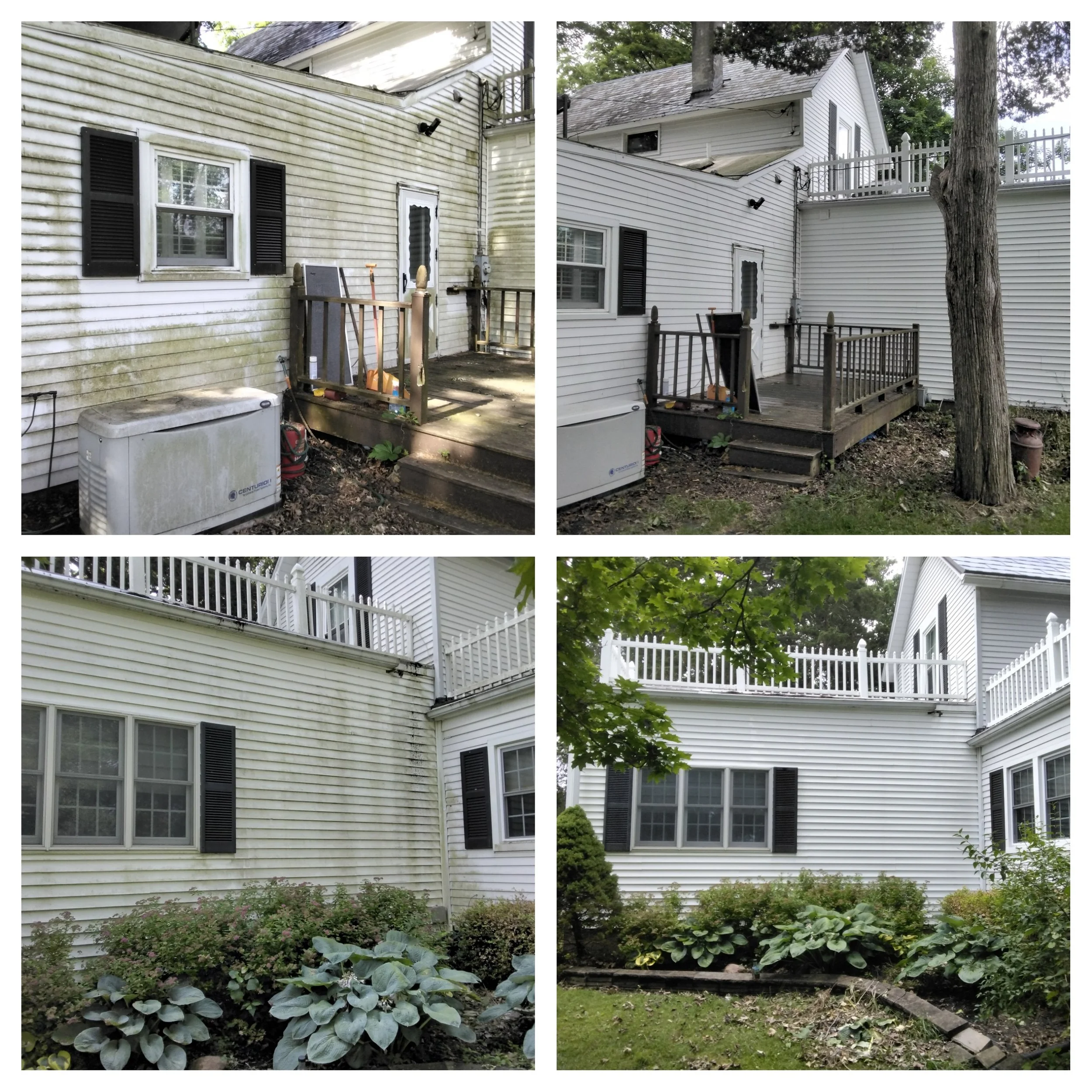 Comparison of a house's exterior before and after cleaning and landscaping. The top row shows the house with dirty, moss-covered siding and an unkempt yard on the left, and a clean, white siding with a neat deck and landscaped yard on the right. The 