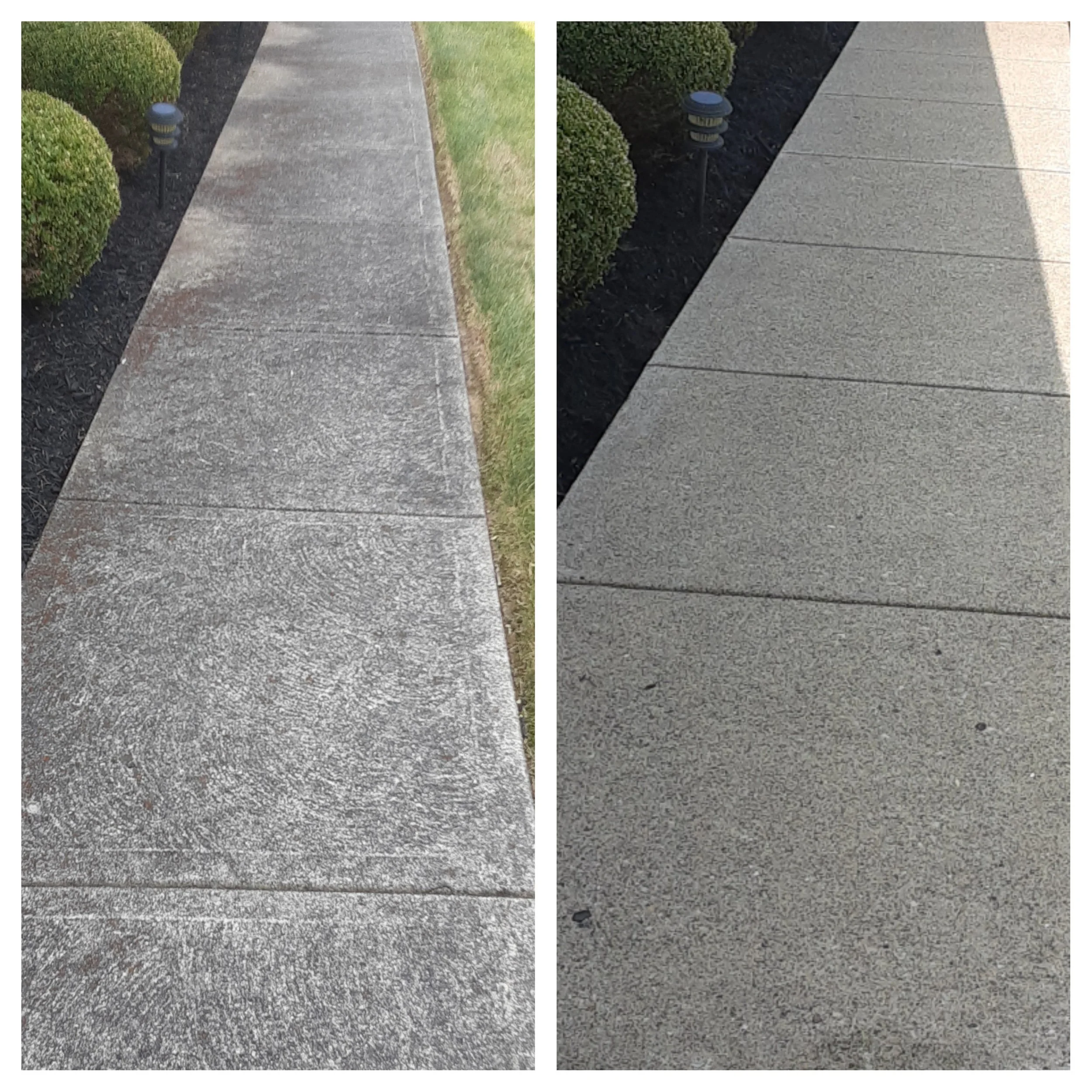 Comparison of two sidewalks, with the left sidewalk showing weathered, uneven concrete with discoloration, and the right sidewalk showing new, smooth, light gray concrete with visible expansion joints.