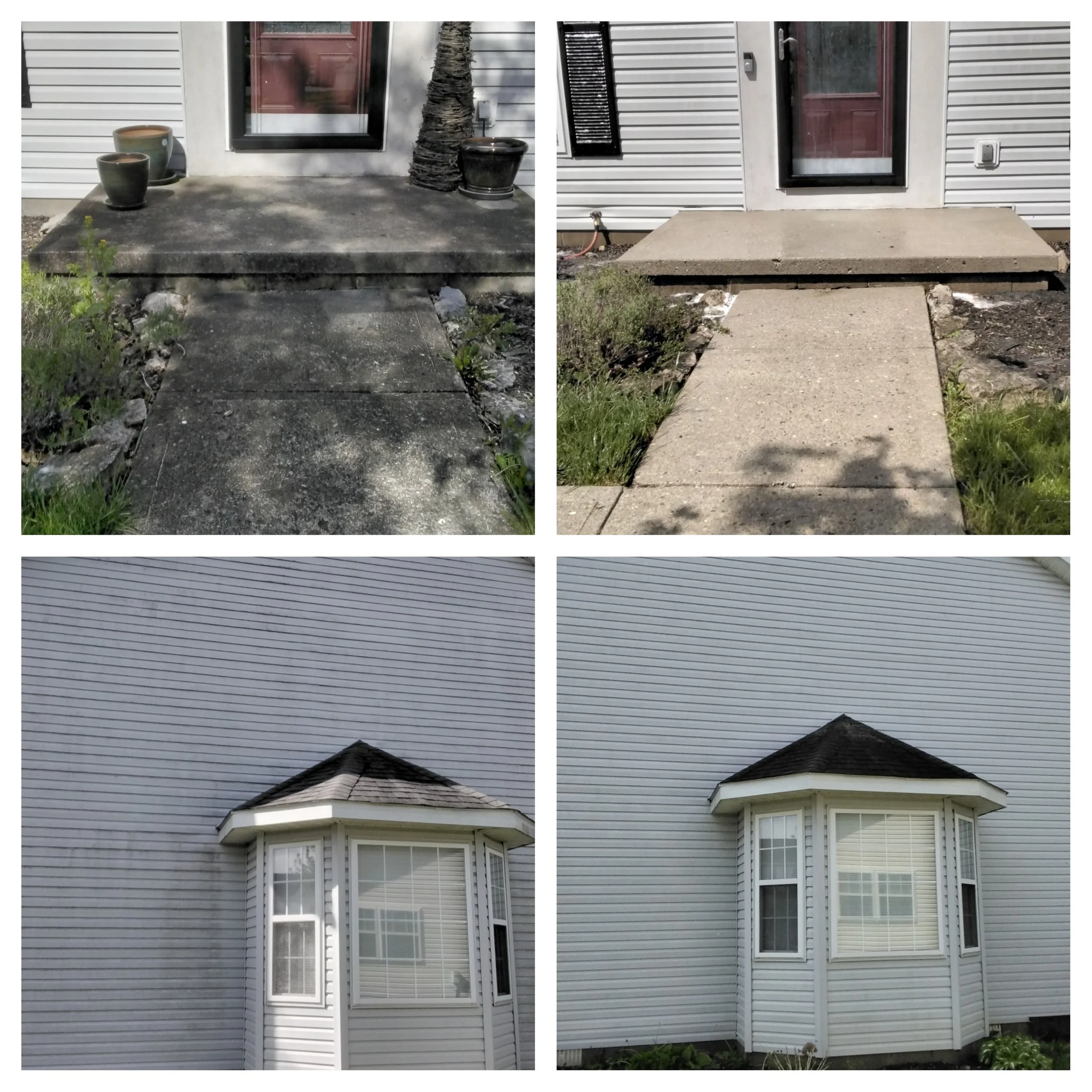Comparison of two front porch steps and two bay windows showing home exterior improvements