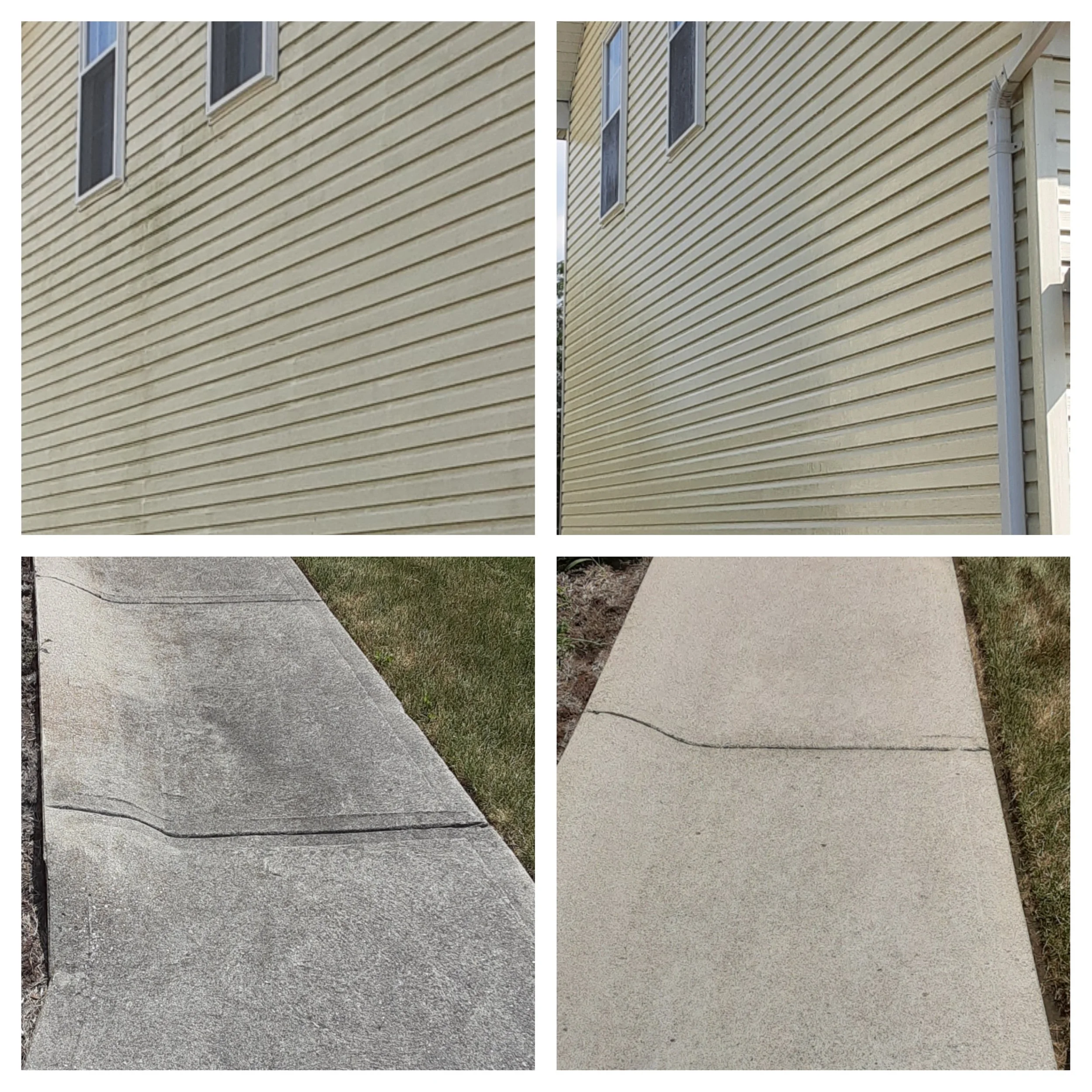 Comparison of siding and sidewalk surfaces: Top two images show the side of a house with beige vinyl siding, with three windows visible, before and after cleaning. Bottom two images show concrete walkways, with the left having stains and cracks, and 