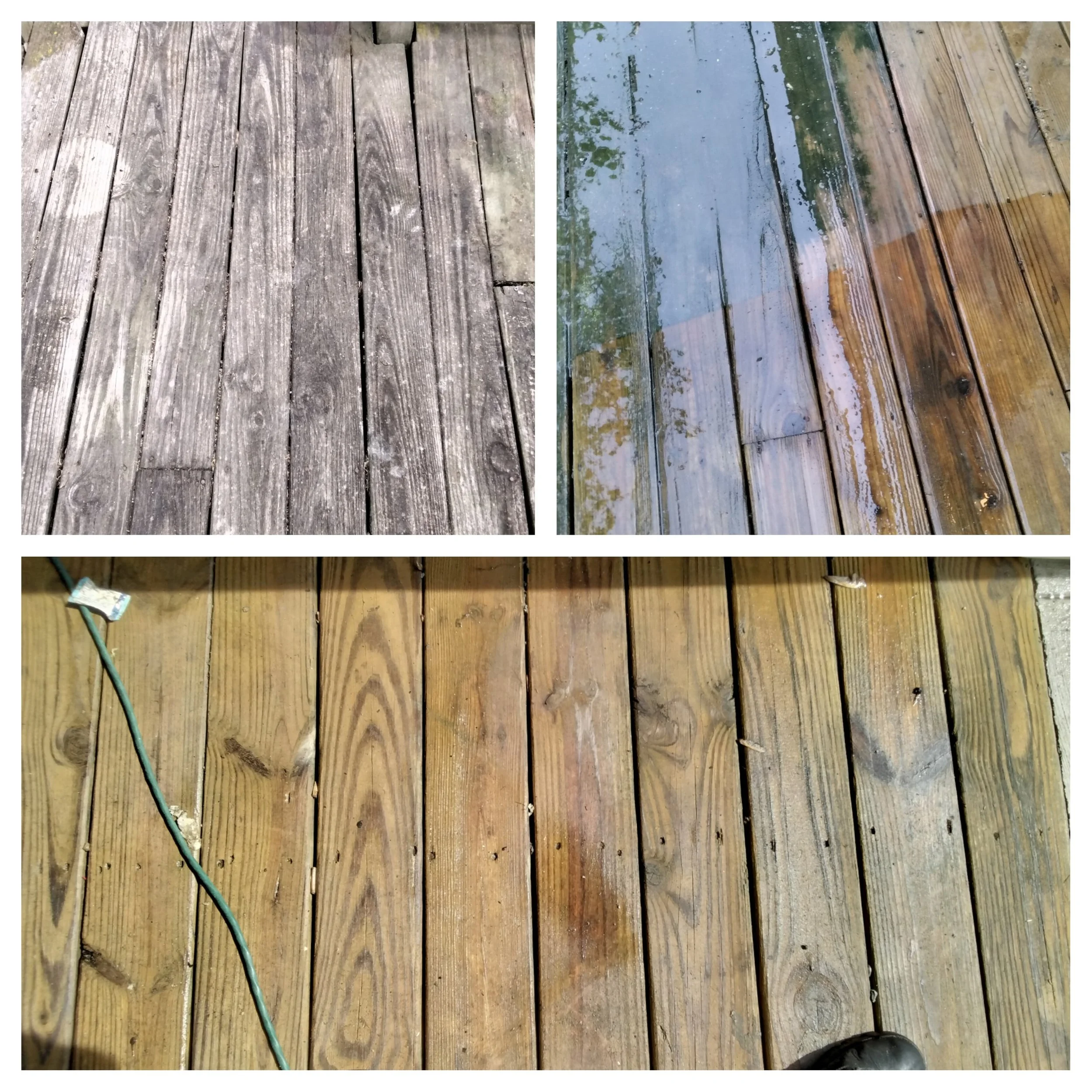 Comparison of three wooden decks showing weathered, wet, and recently cleaned or new wood surfaces.