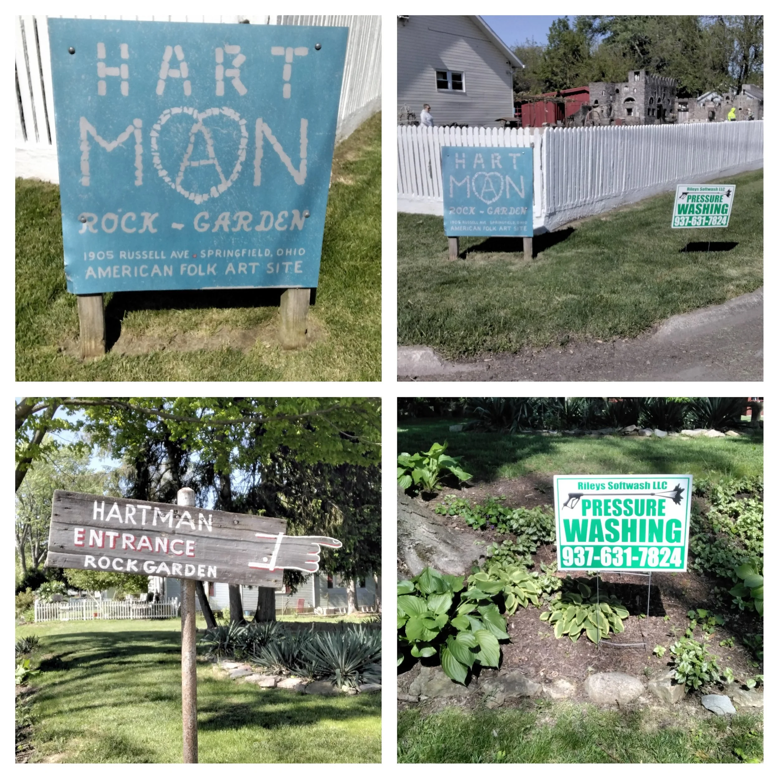 Collage of four photos featuring signs at Hart Moon Rock Garden in Springfield, Ohio, indicating locations such as entrance and offering services like pressure washing.