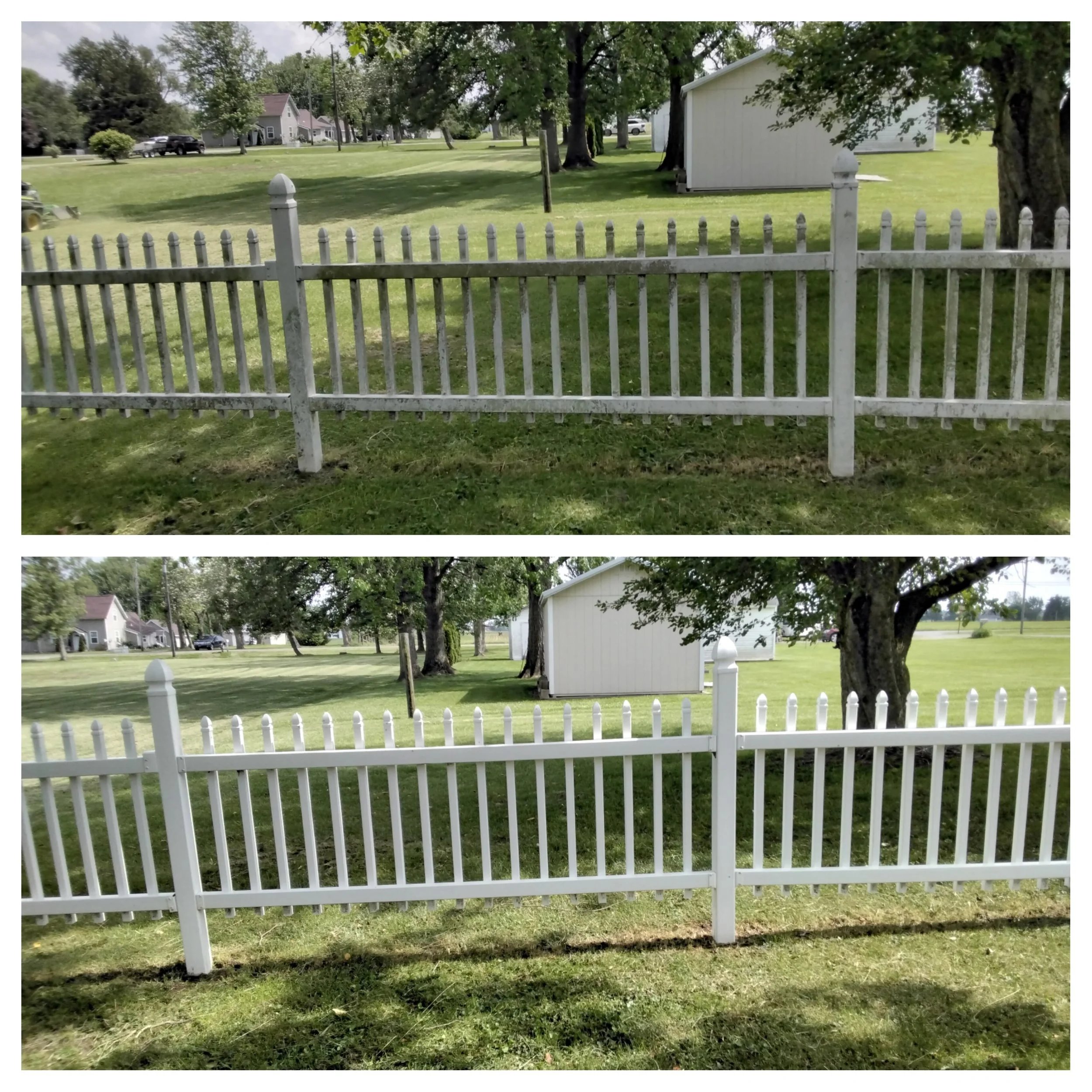 Comparison of a white picket fence before and after painting, with the top image showing the old, weathered fence and the bottom image showing the freshly painted fence.