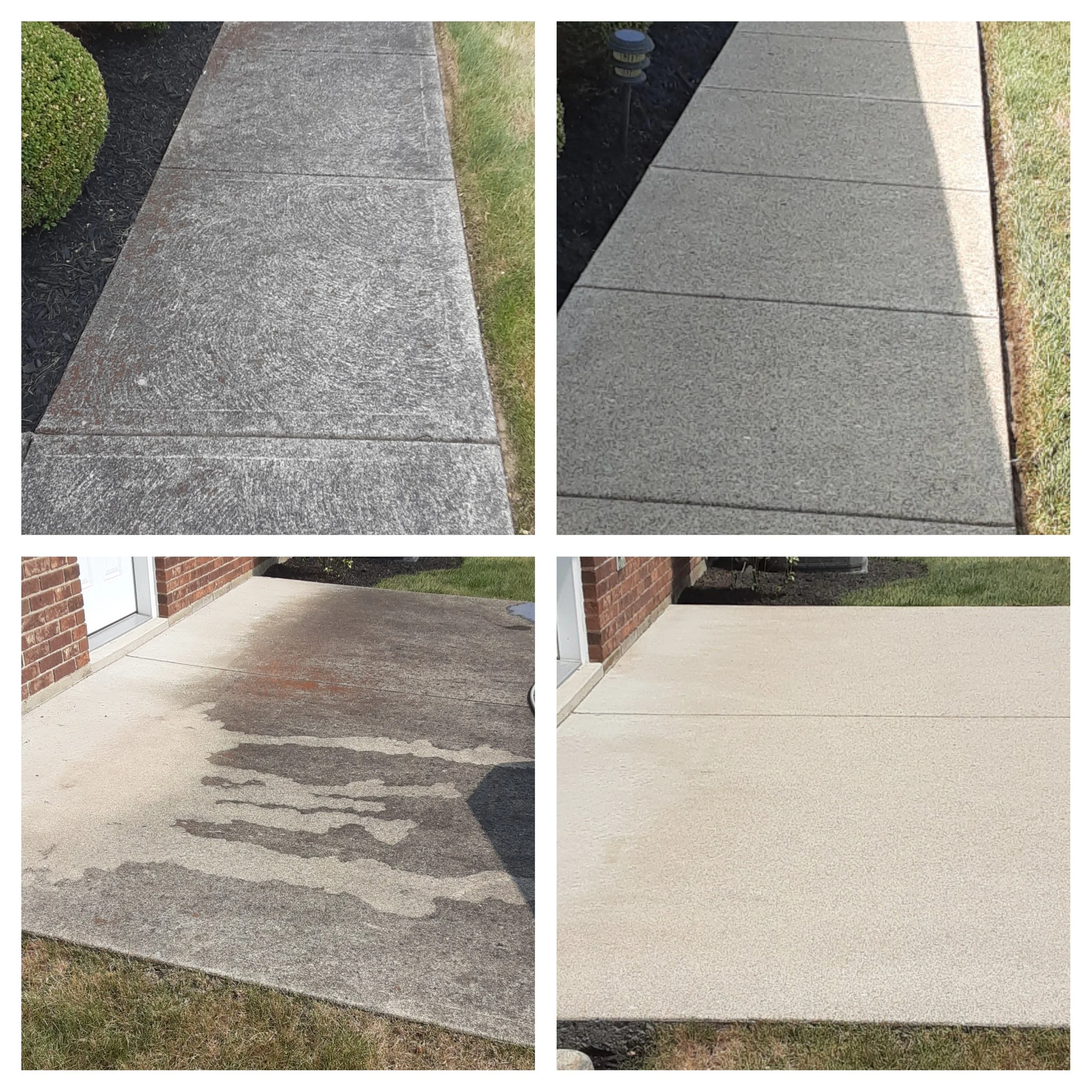 Comparison of four images of concrete walkways, showing before and after cleaning or sealing: top left is dirty and stained, top right is clean and gray, bottom left is weathered and stained, bottom right is clean and beige.