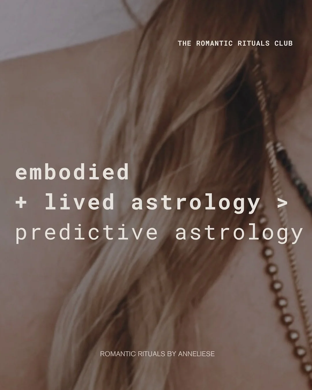 The Romantic Rituals Club is an astrology membership rooted in seasonal archetypes, lunar cycles and Venusian ritual.

Think of it as a little space for women who want more than horoscopes and surface-level star signs. 

Here&rsquo;s how we do things