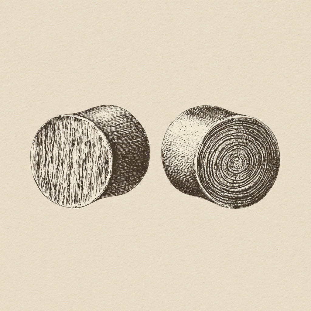 Fine line illustration showing face grain wood plug with parallel grain lines beside end grain wood plug with concentric rings
