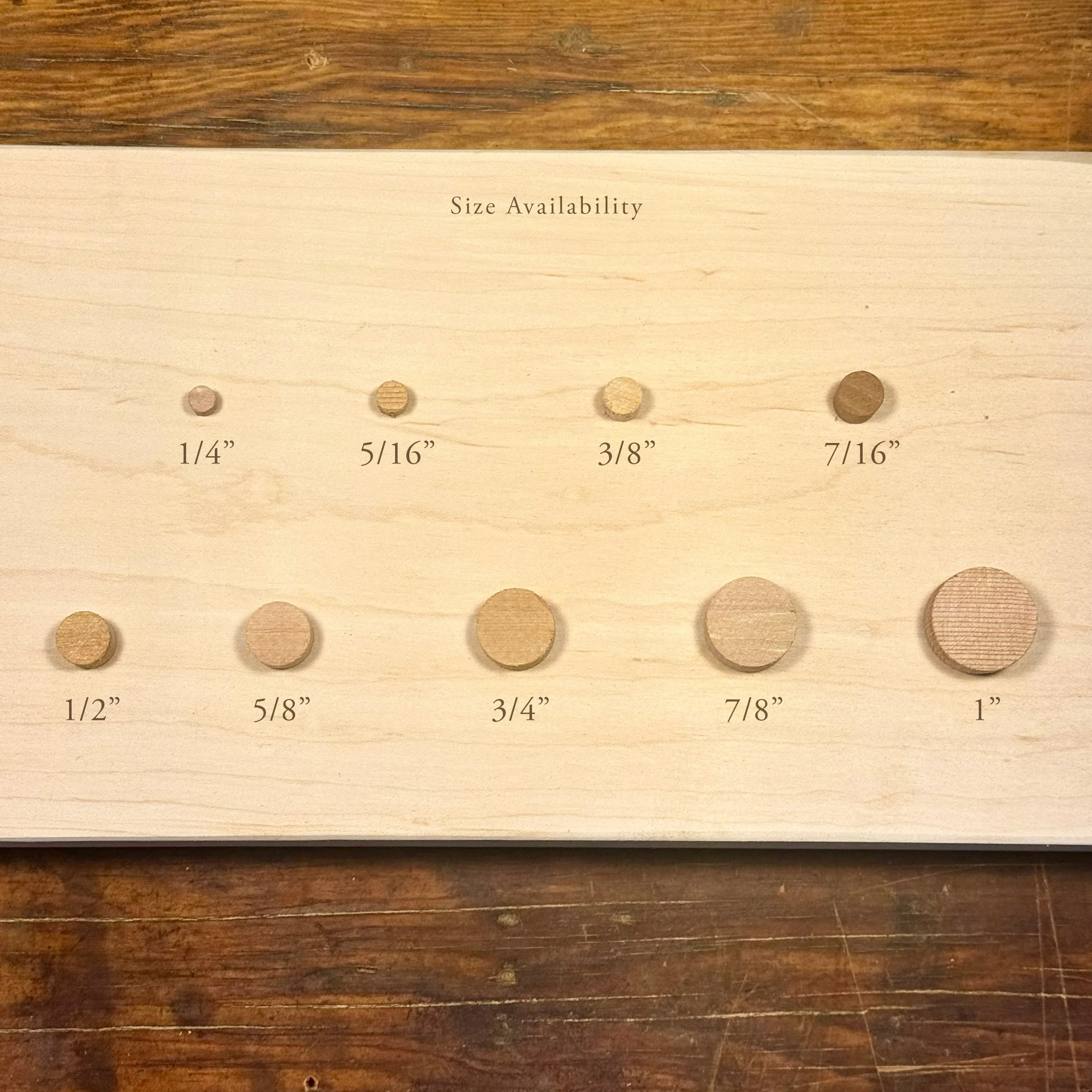 Wood plug sizes available — 1/4 inch through 1 inch face grain plugs by Licari Woodworks Portland Oregon