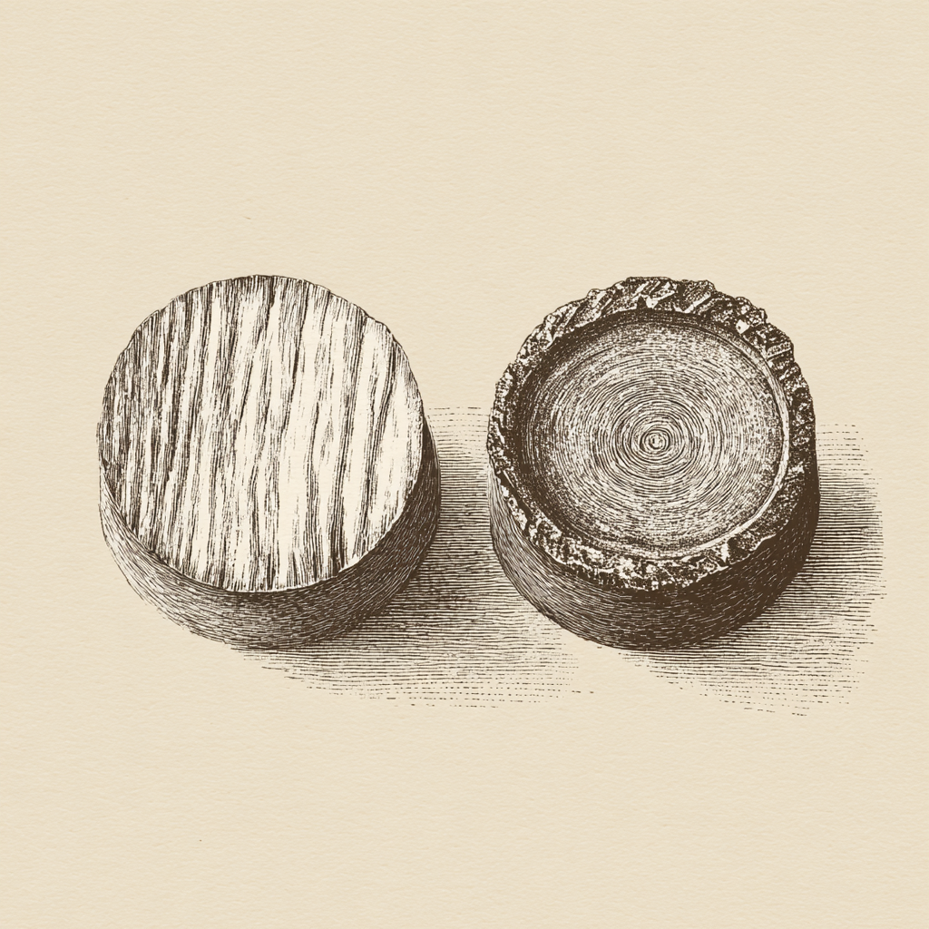 Top view illustration comparing face grain versus end grain wood plug surface patterns