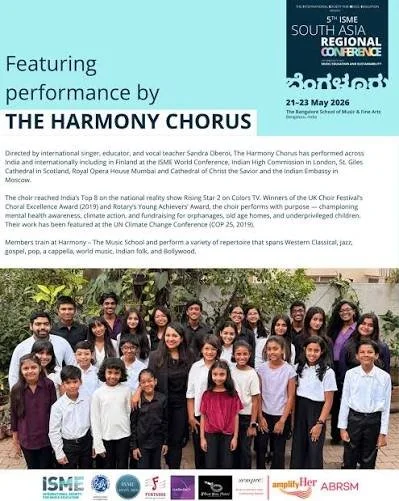 Following their stellar performance at the 34th ISME World Conference in Helsinki, Finland in 2024, The Harmony Chorus, directed by Ms Sandra Oberoi, performed for a special cultural evening at the 5th International Society for Music Education’s Sout