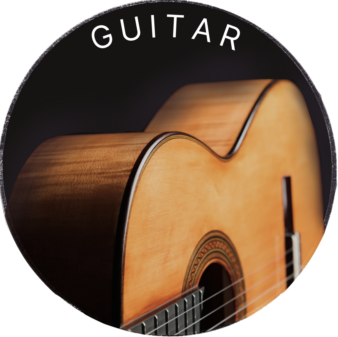 Close-up of an acoustic guitar body with strings, under the word 'GUITAR'.