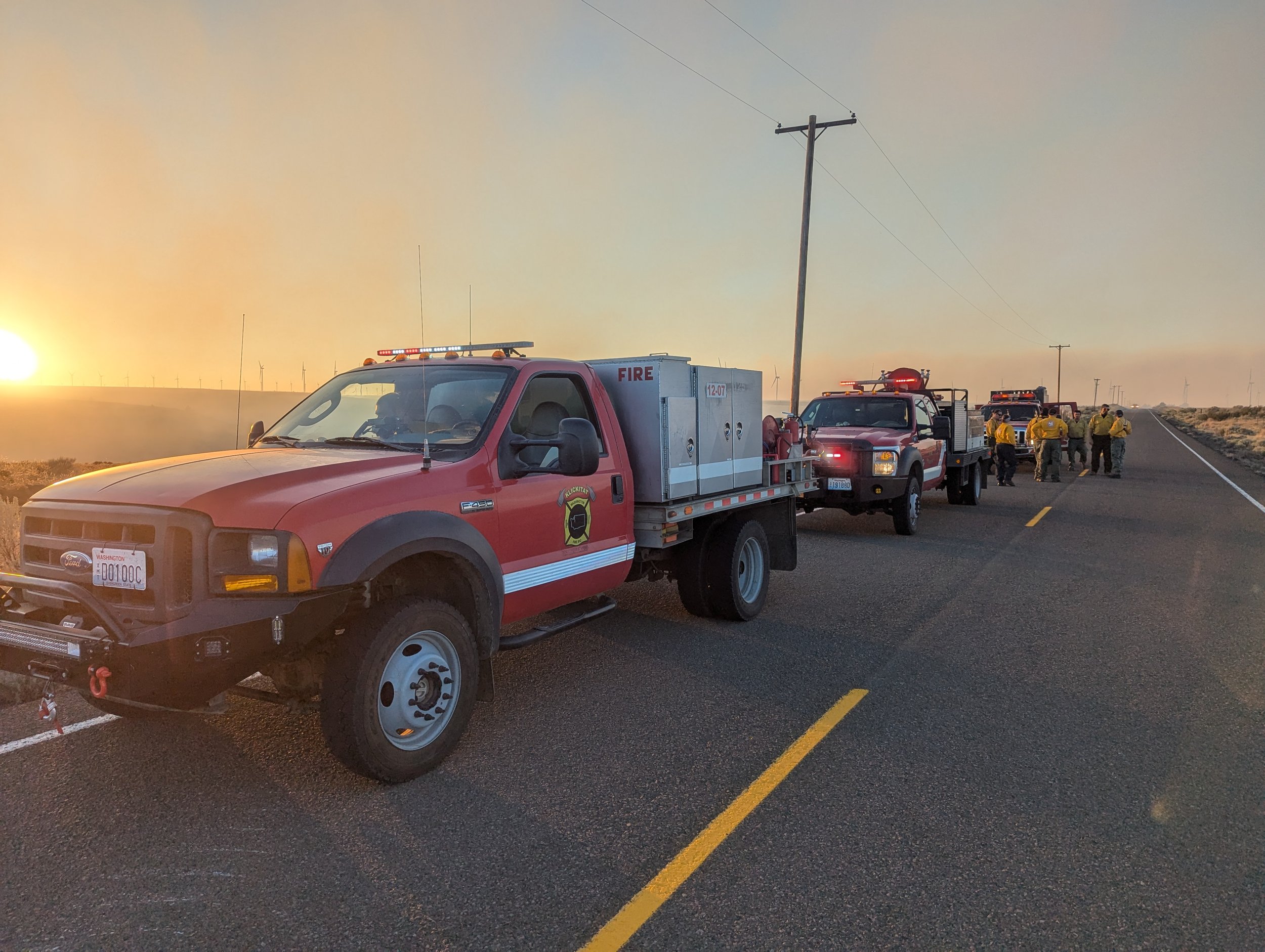 Klickitat Firefighters in Brush 1207 debriefing with other districts during the Bighorn Fire near Bickleton. July 24, 2024
