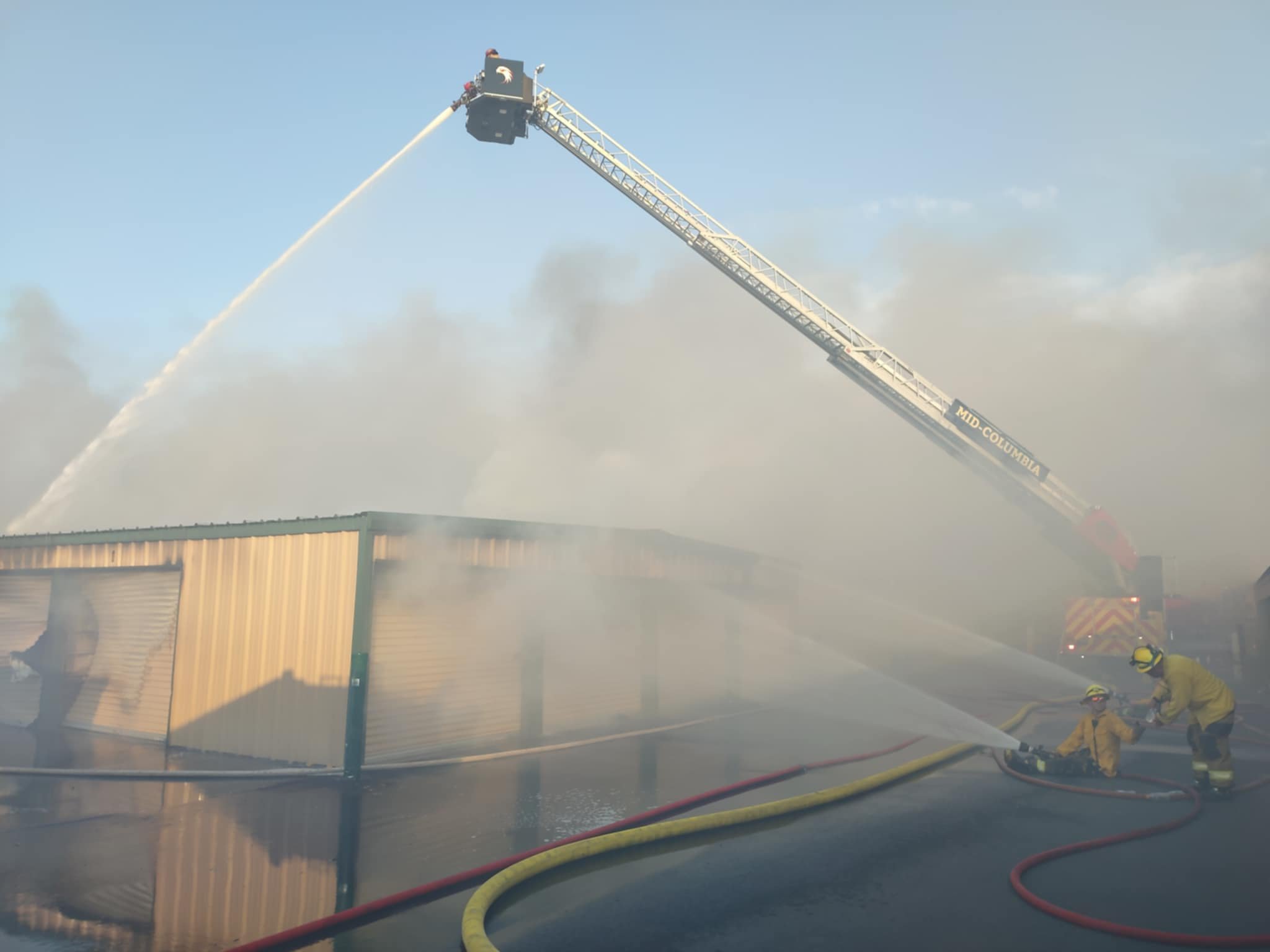 Klickitat firefighters providing mutual aid to a a structural fire at a mini storage in The Dalles. August 2024