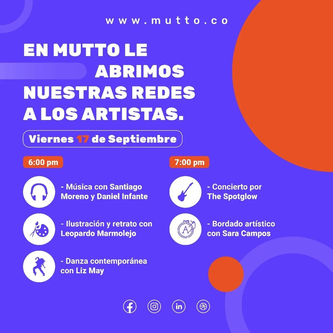 Este viernes 17 de septiembre las redes de Mutto se transforman, y le abrimos las puertas a los artistas. Con&eacute;ctate desde las 6 de la tarde y vive el arte de nuevo.

6 p.m. Danza, M&uacute;sica y Retrato con @santiagomorenoovalle @arboldeleopa