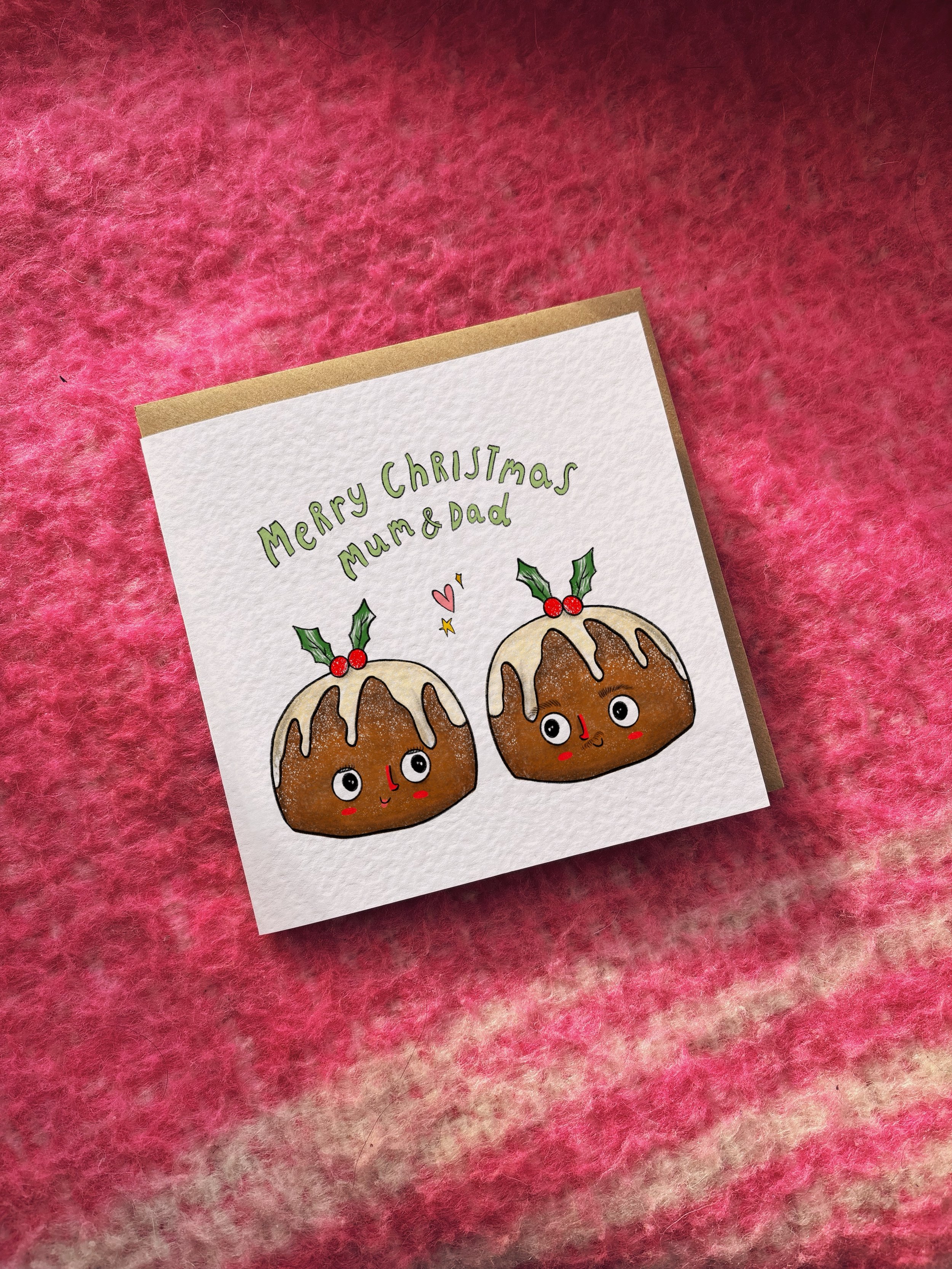 Merry Christmas Mum & Dad card (Christmas puddings) (alternative name options)