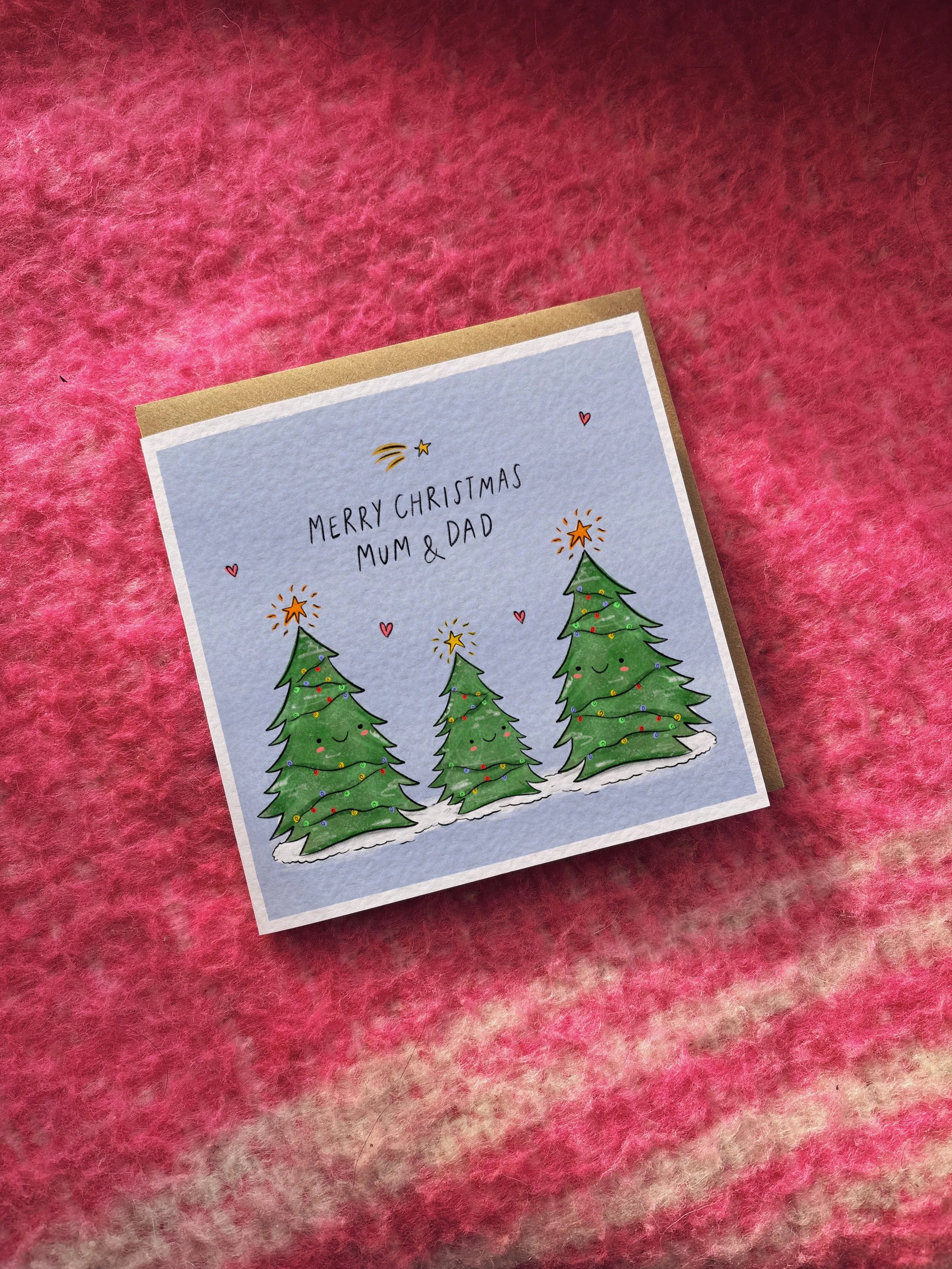 Merry Christmas Mum & Dad card (Christmas trees) (with alternative name options)