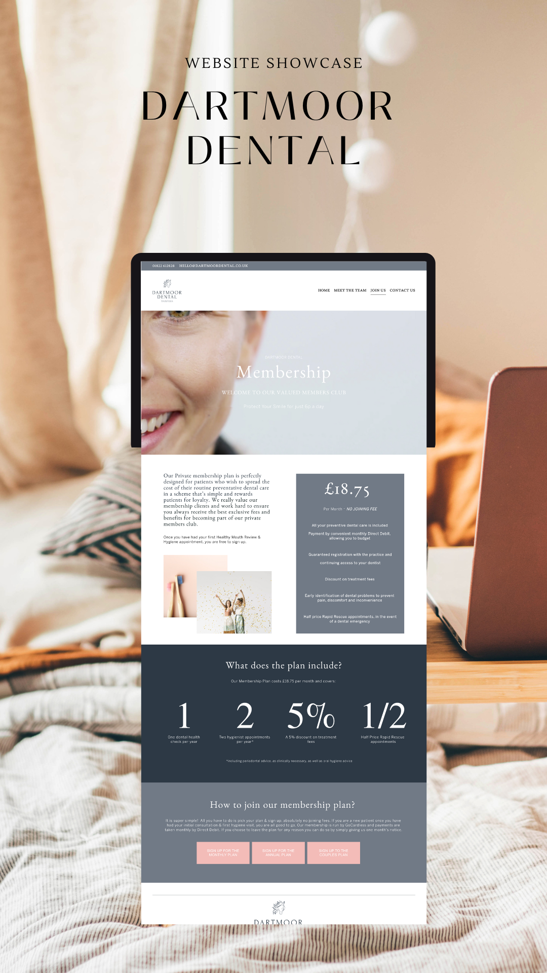 A dental website showcase featuring Dartmoor Dental, with an overhead view of a person with a dental model and a laptop on a bed, displaying information about membership plans and dental care services.