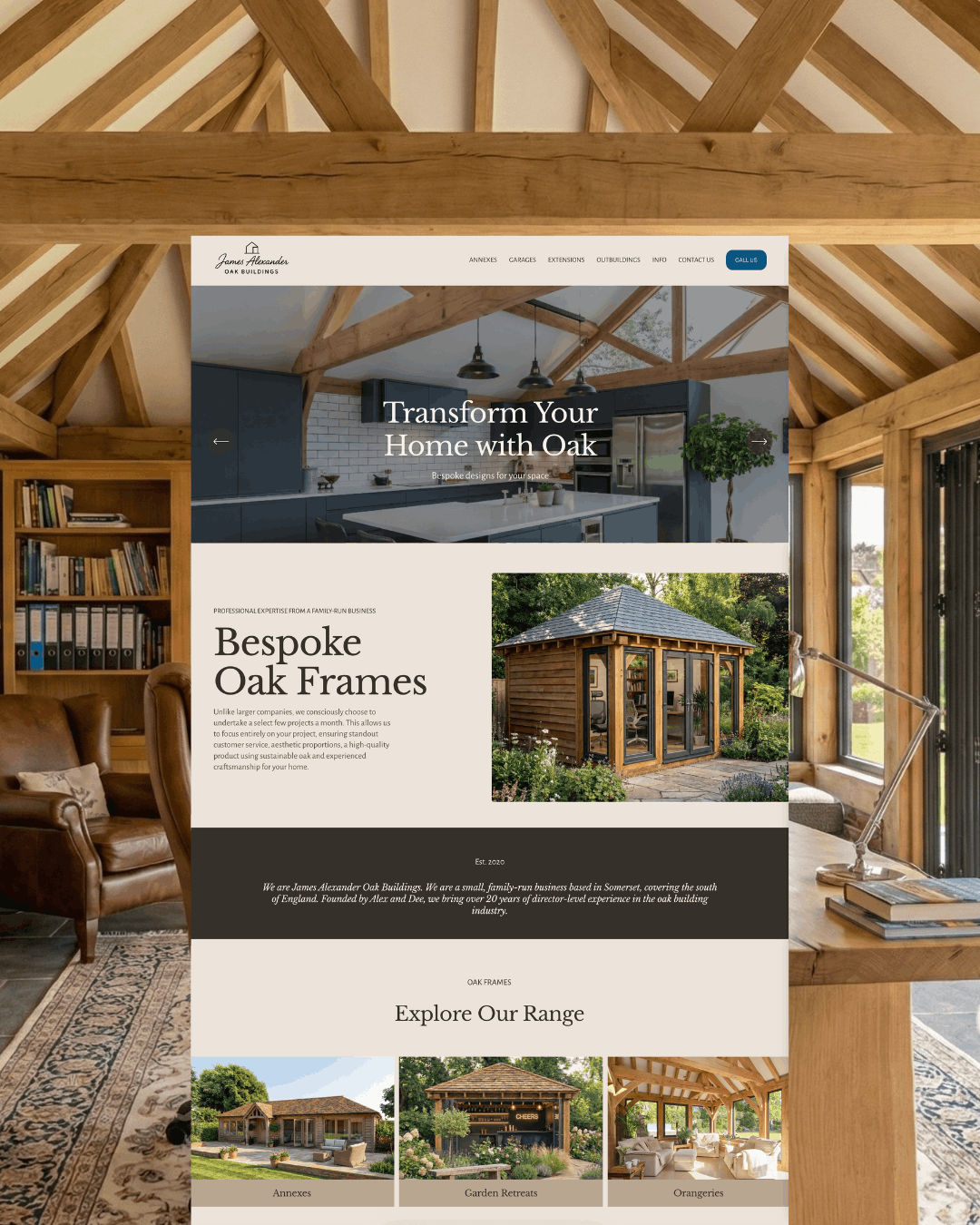 A website homepage for James Alexander Oak Building showcasing custom oak structures, including a modern kitchen and a garden house, set inside a house with exposed wooden beams.