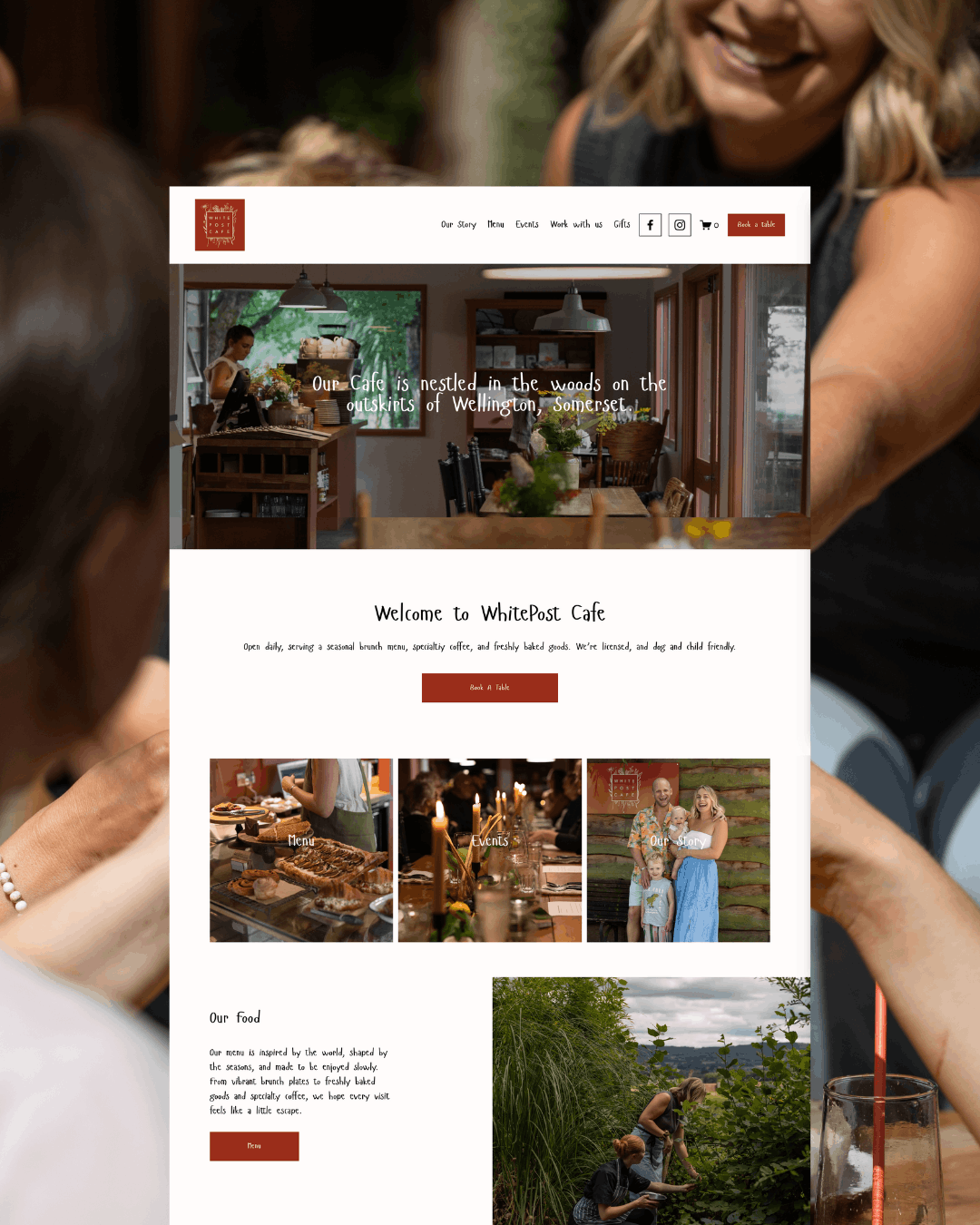 Screenshot of WhitePost Cafe website showing an interior dining area, outdoor scenery, and a group of people, with text about the cafe's location and offerings.
