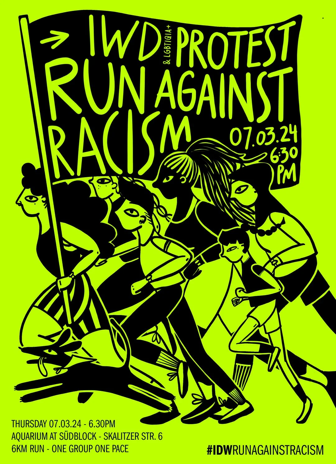 Illustration of diverse women and children running together with a protest sign against racism, with event details and hashtag.