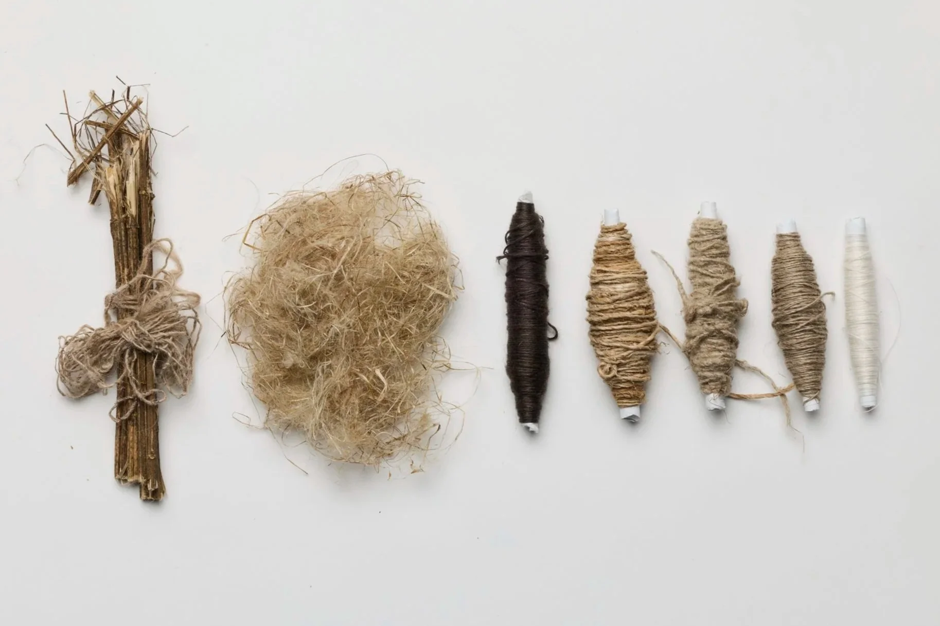 Woven prototypes: hemp, nettle, wool, linen. Woven on a digital dobby loom (ARM). Collection of fibres.