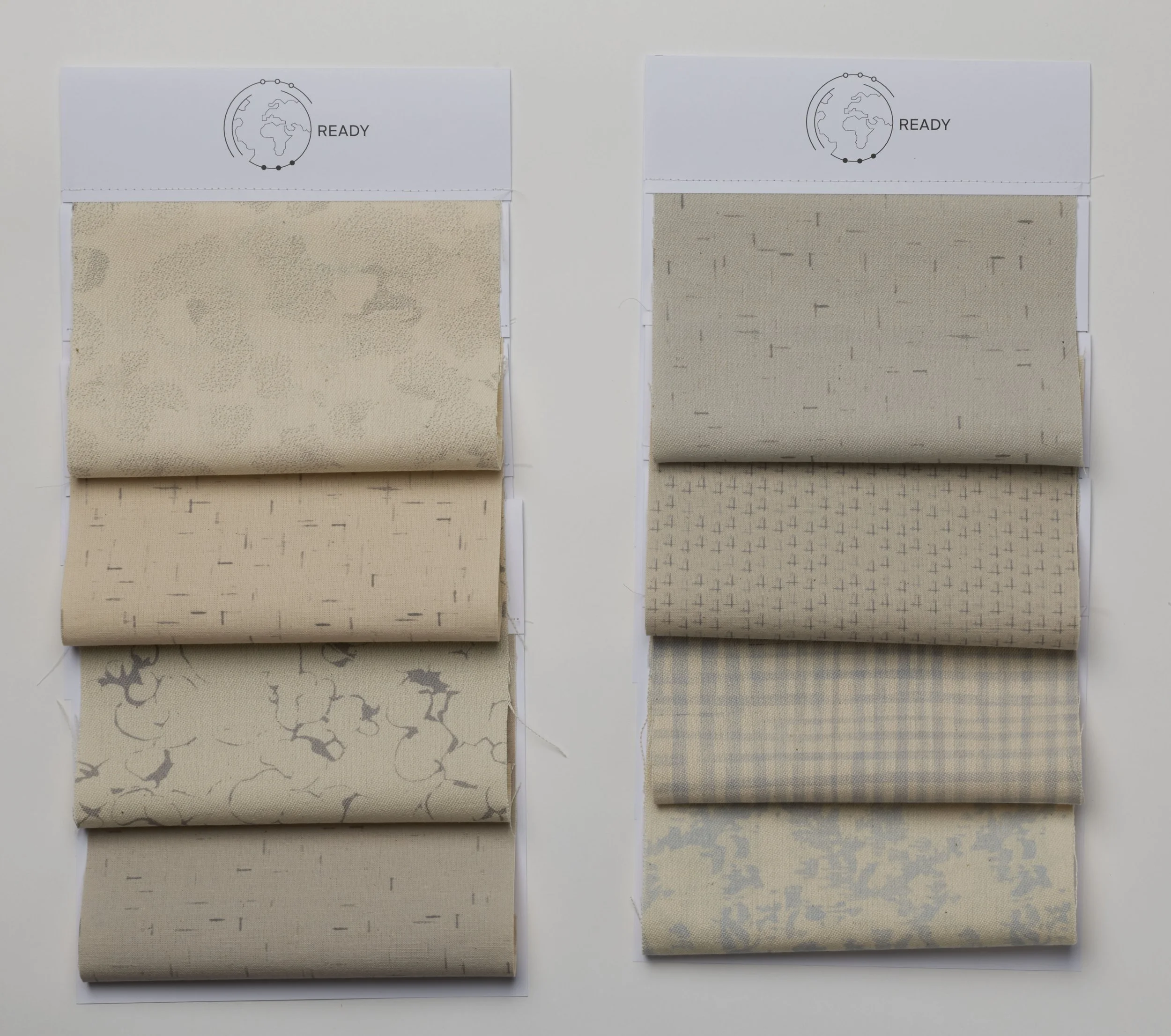 Collection of print development. Layered colour variations, broken lines and tone-on-tone prints as ways of making abrasion less visually pronounced, allowing the textile to retain its aesthetic quality through use.