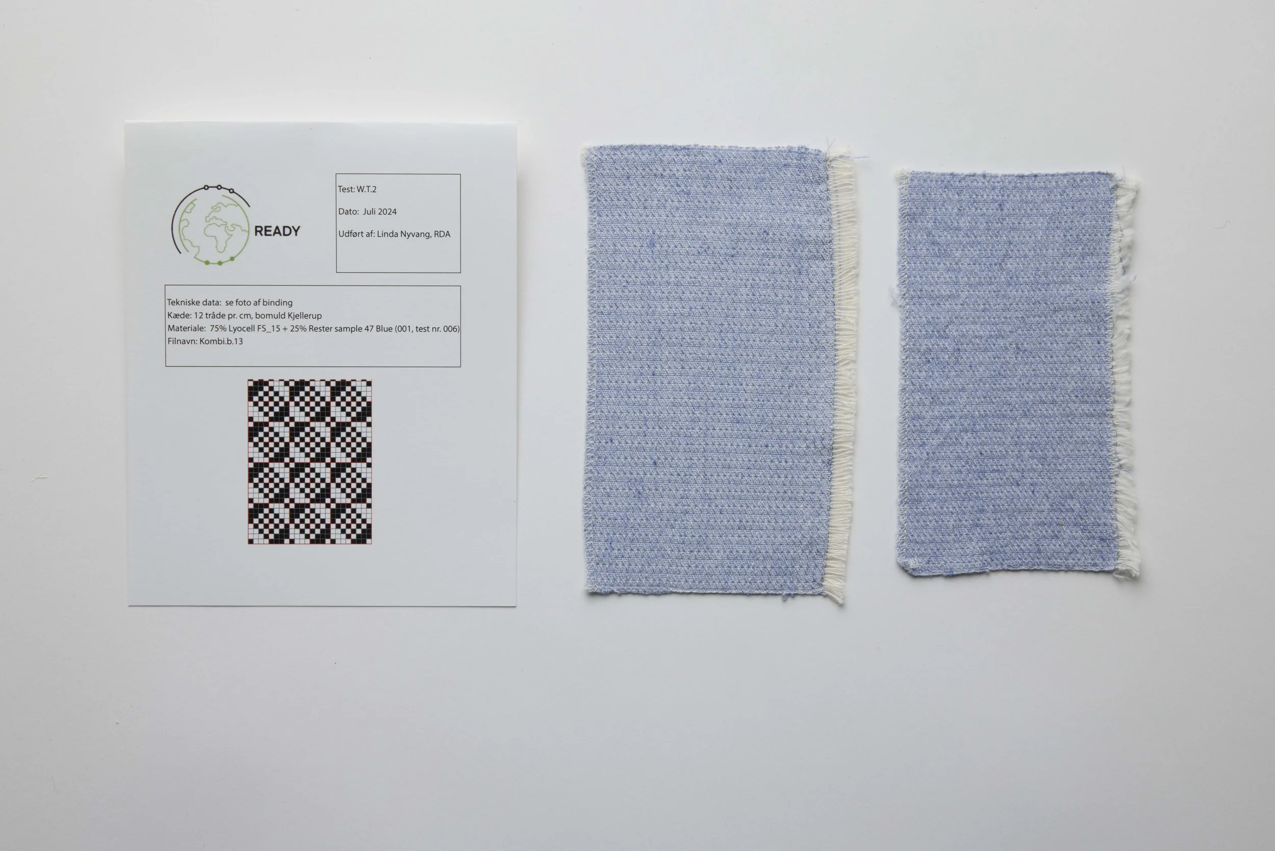 Recycled cotton and lyocell. Woven on a digital Dobby loom (ARM) and knit on Stoll Digital Knit Machine. Collections and yarn samples. Yarn spun at R&D-factory at VIA, Herning, DK. 