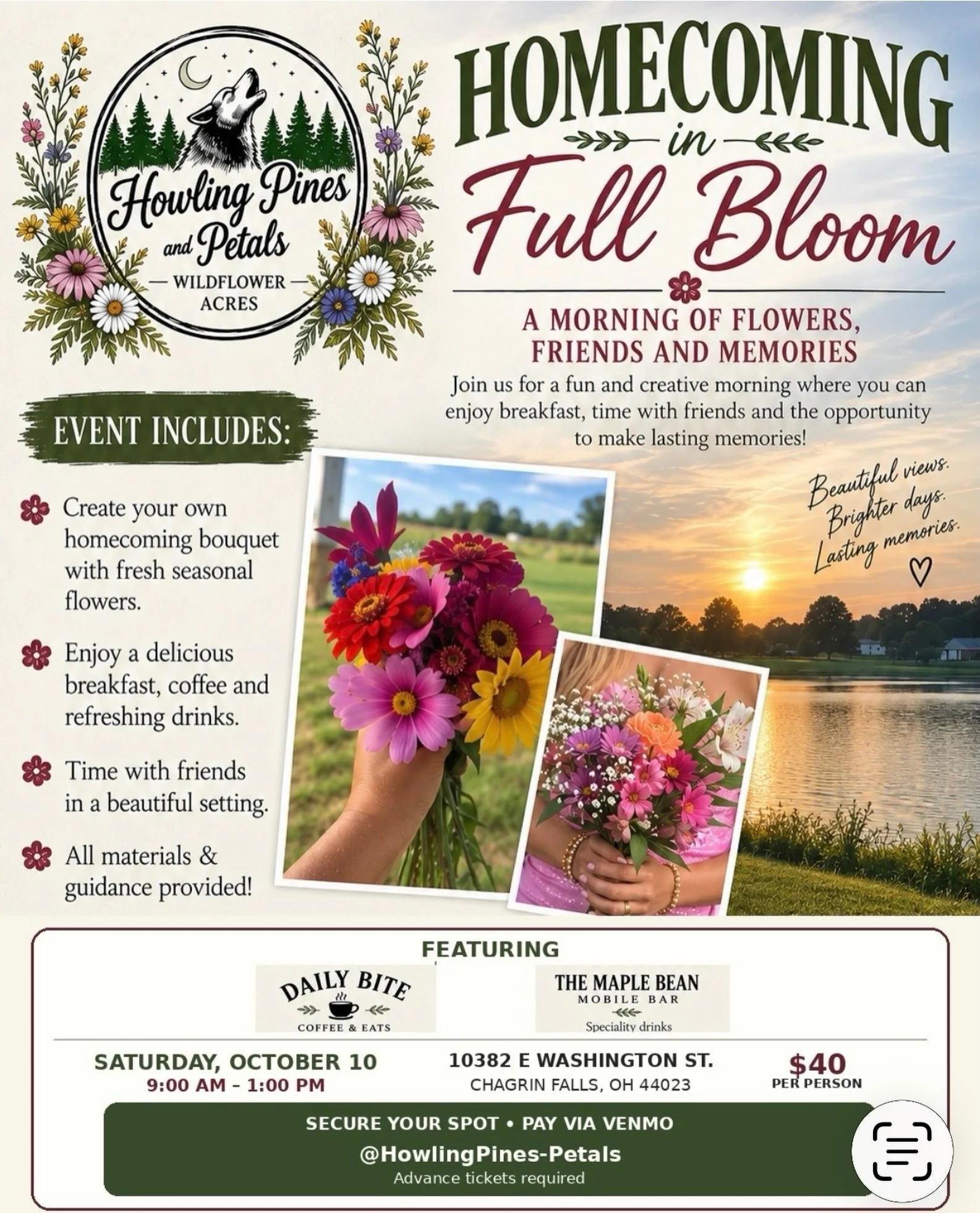 $40 Dollars gets you...

Create your own bouquet
Breakfast &amp; Drinks
All materials provided &amp; guidance too!

SECURE YOUR SPOT VIA VENMO - Please write names of those who are attending when you pay.

VENMO - @HowlingPines-Petals